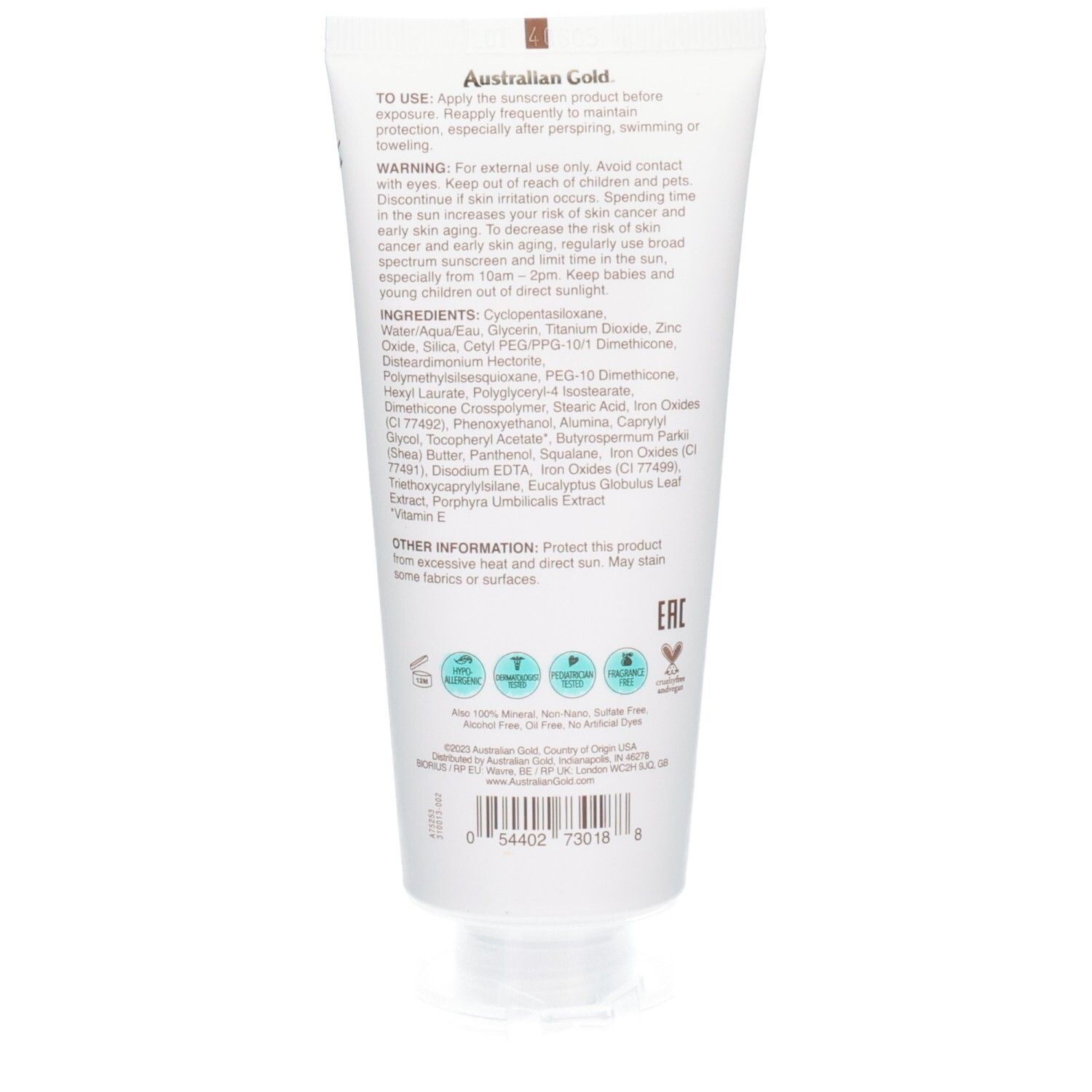Rückseite der Sonnencreme-Tube mit Inhaltsstoffen und Anwendungshinweisen.