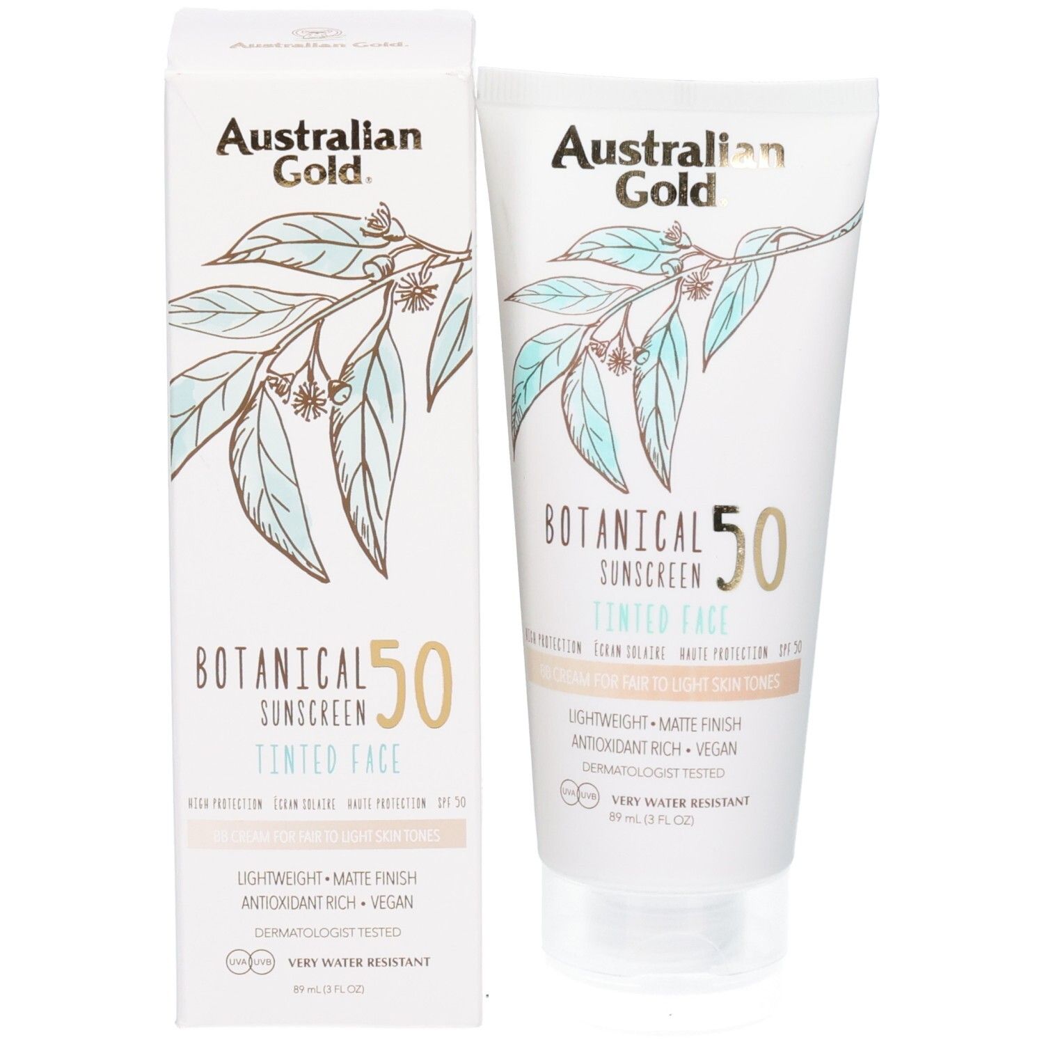 Sonnencreme-Tube und Faltschachtel, getönte Gesichts-Sonnencreme LSF 50, helles Finish.