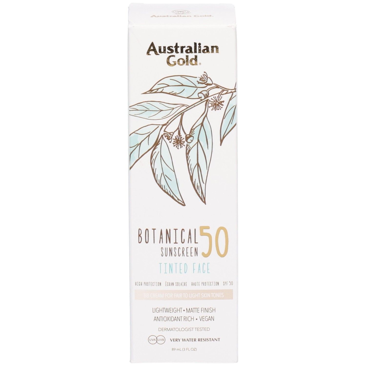Faltschachtel für getönte Gesichts-Sonnencreme LSF 50 mit botanischen Blättern.