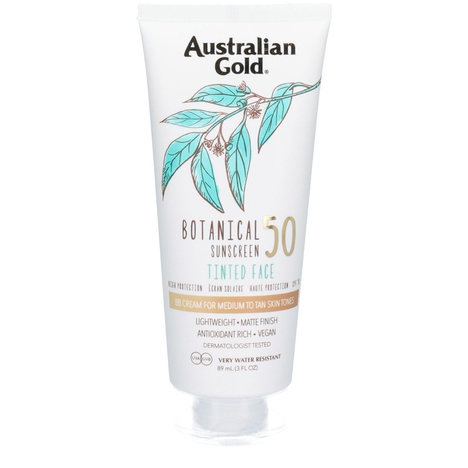 Weiße Tube mit botanischem Design und SPF 50 Sonnenschutz für das Gesicht.