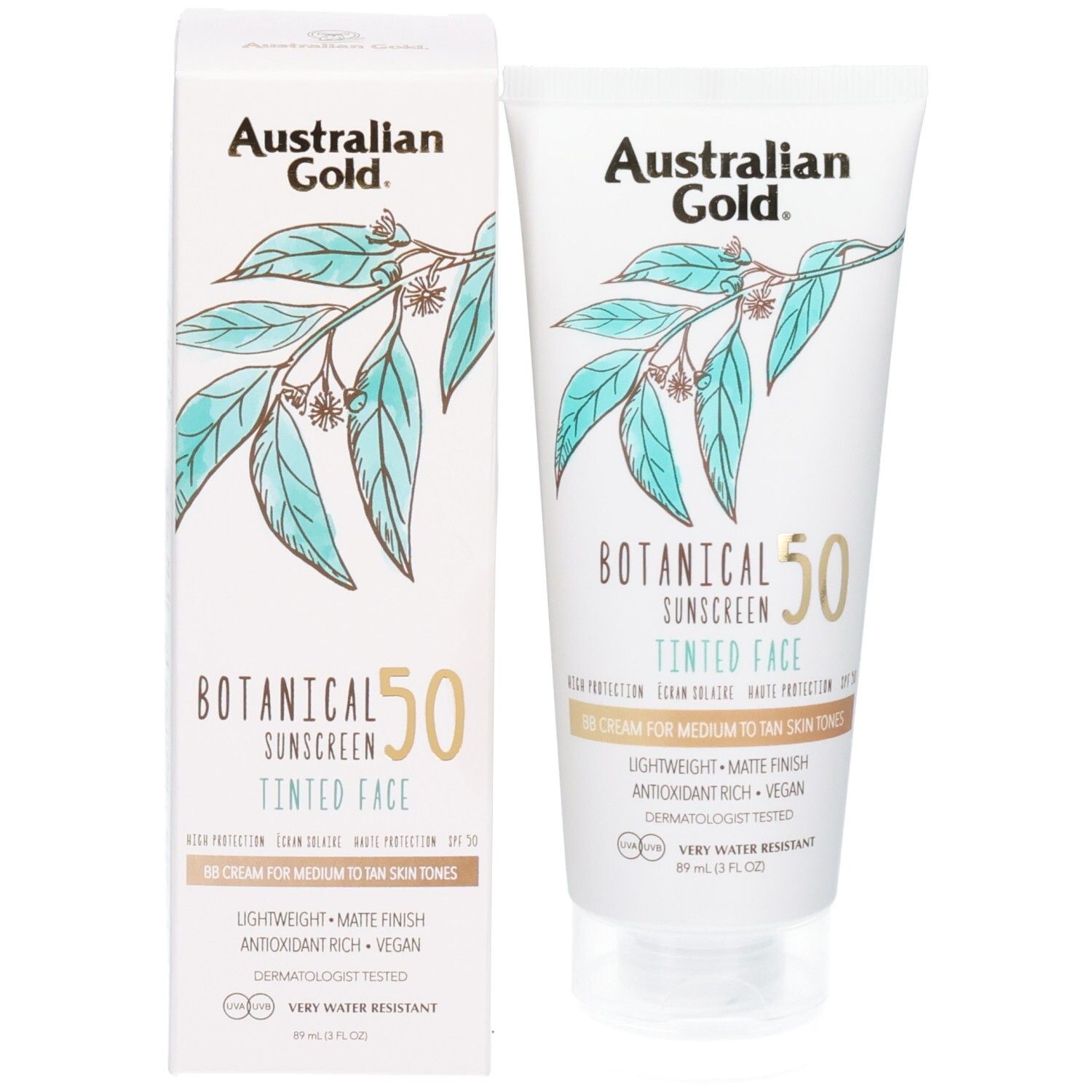 Tube und Kartonverpackung für Sonnenschutzmittel SPF 50, getönt, für das Gesicht.