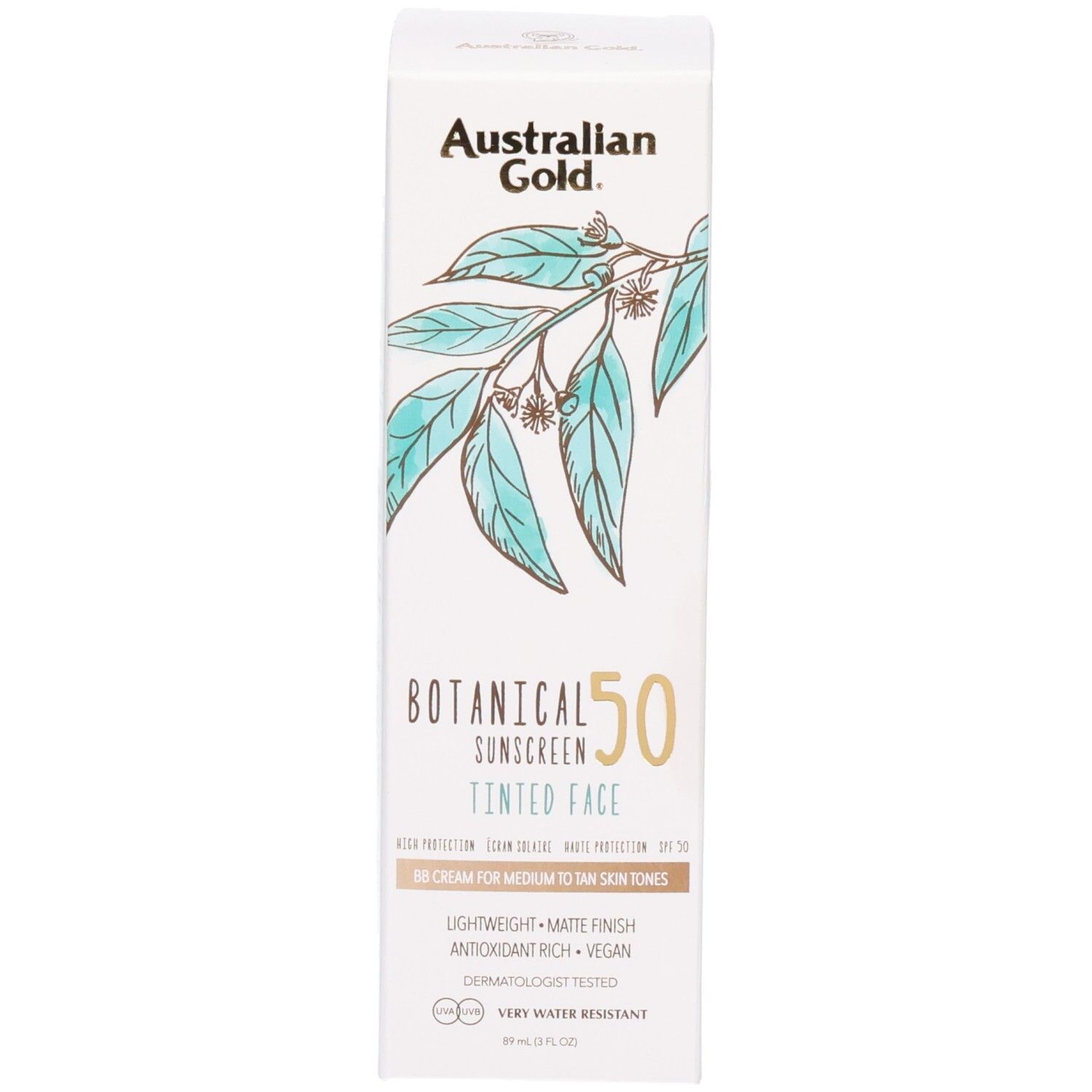 Kartonverpackung für Sonnenschutzmittel SPF 50, getönt, mit botanischem Design.