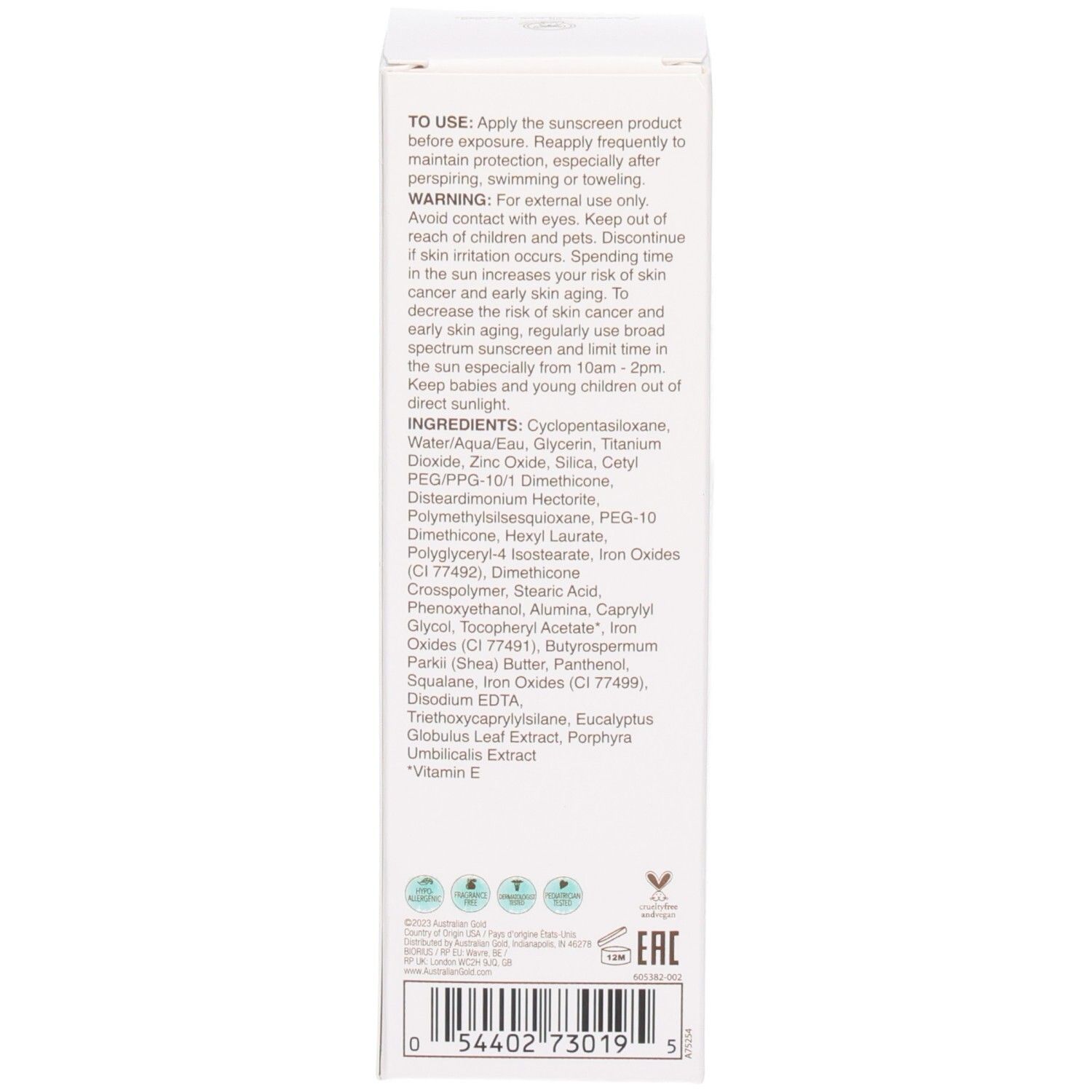 Seitenansicht der Produktverpackung mit Inhaltsstoffen und Zertifizierungen.