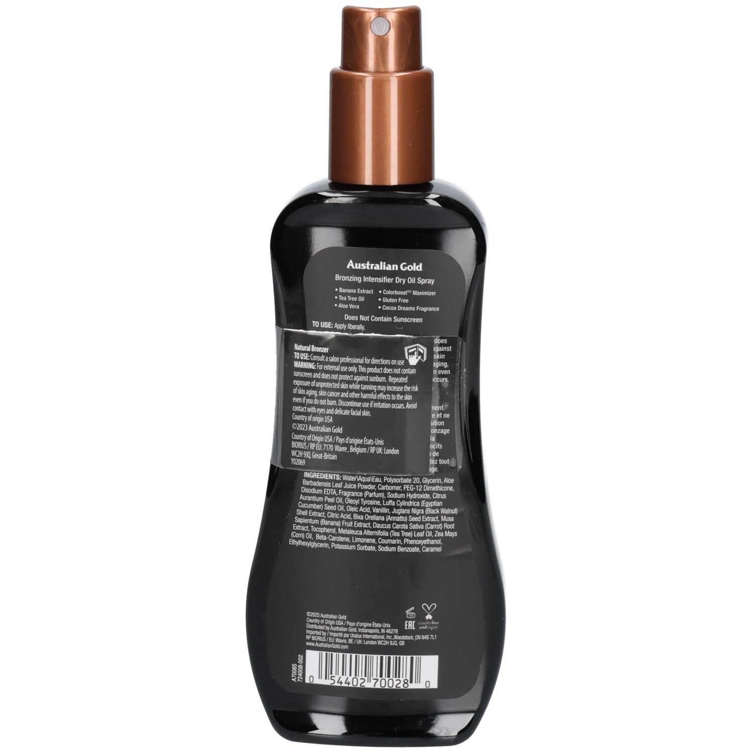 Rückseite der Flasche Australisches Gold Bronzing Intensifier Dry Oil Spray mit Inhaltsstoffen.