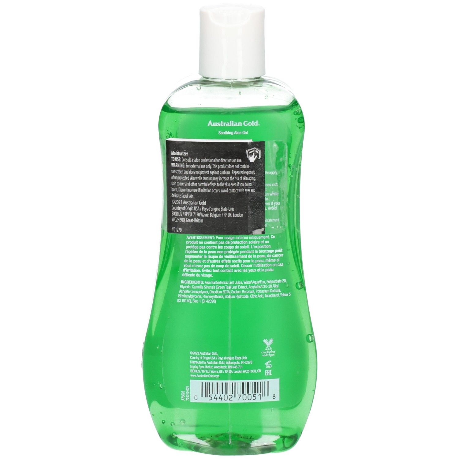 Rückseite einer grünen Flasche Australian Gold Soothing Aloe After Sun Gel mit weißen Informationen.