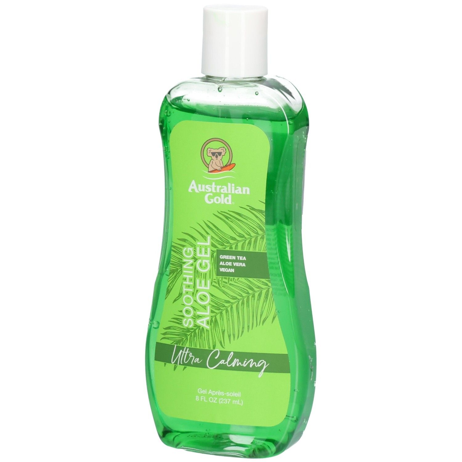 Grüne Flasche Australian Gold Soothing Aloe After Sun Gel mit weißem Verschluss. Enthält Aloe Vera und grünen Tee.