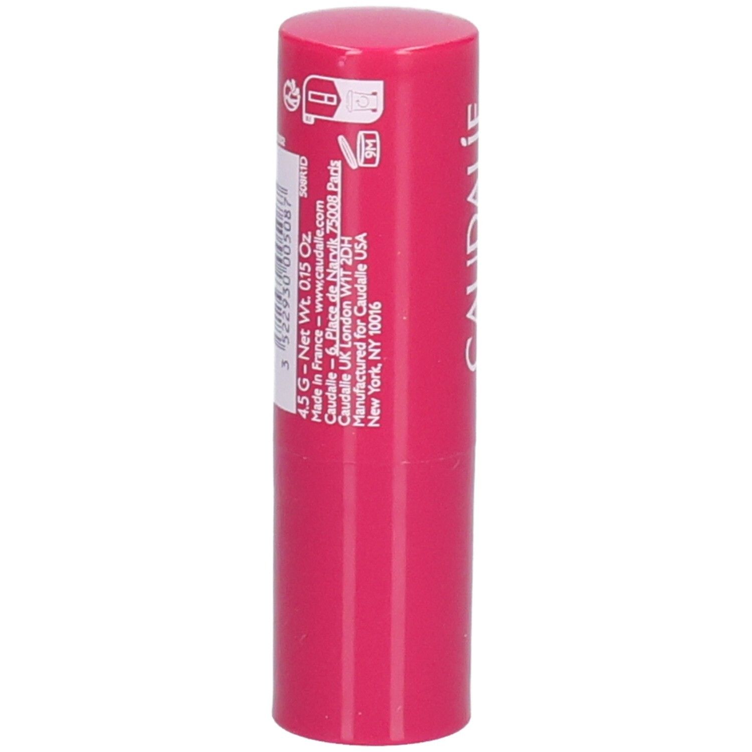 Pinkfarbener Lippenbalsam-Stift. Rückseite mit Informationen und Barcode. Marke CAUDALIE.