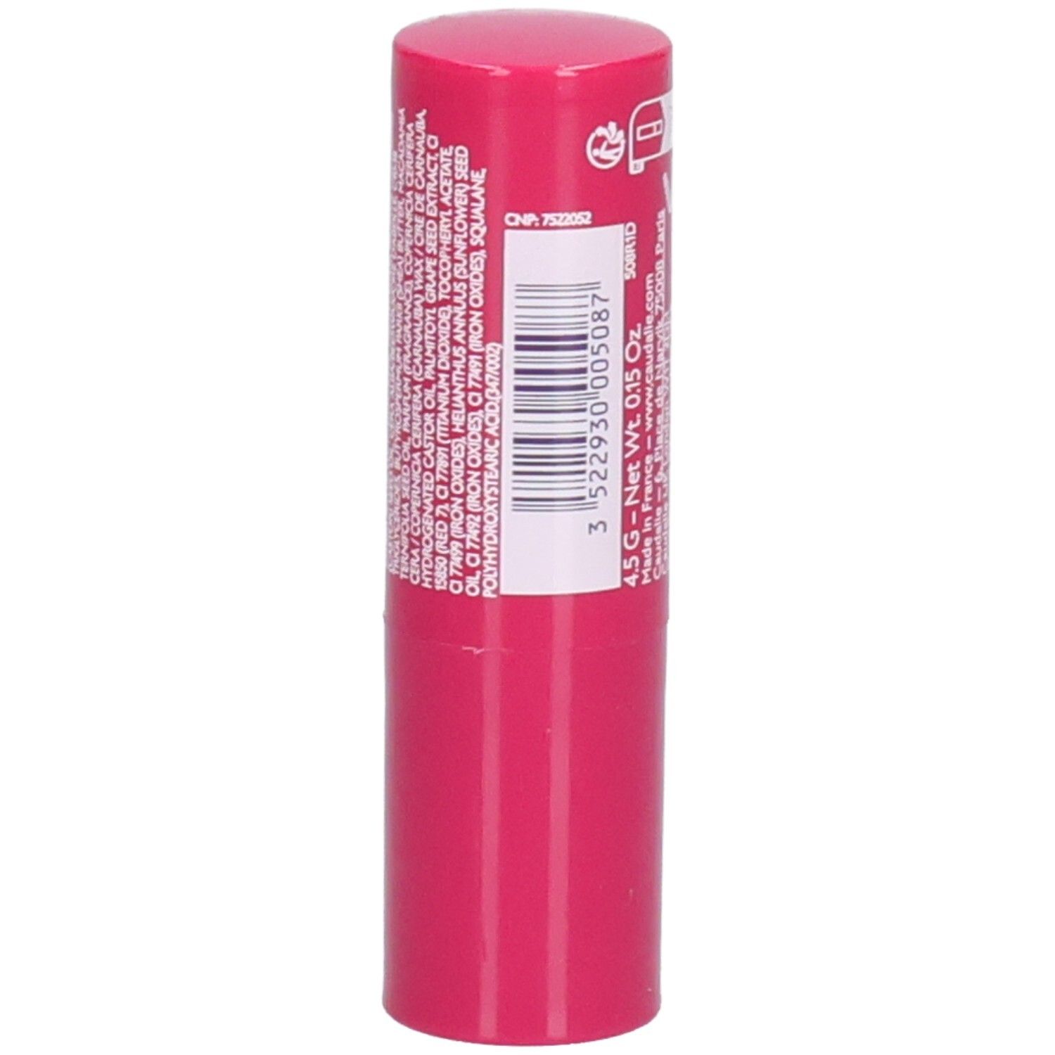 Pinkfarbener Lippenbalsam-Stift. Rückseite mit Inhaltsstoffen und Barcode. Marke CAUDALIE.