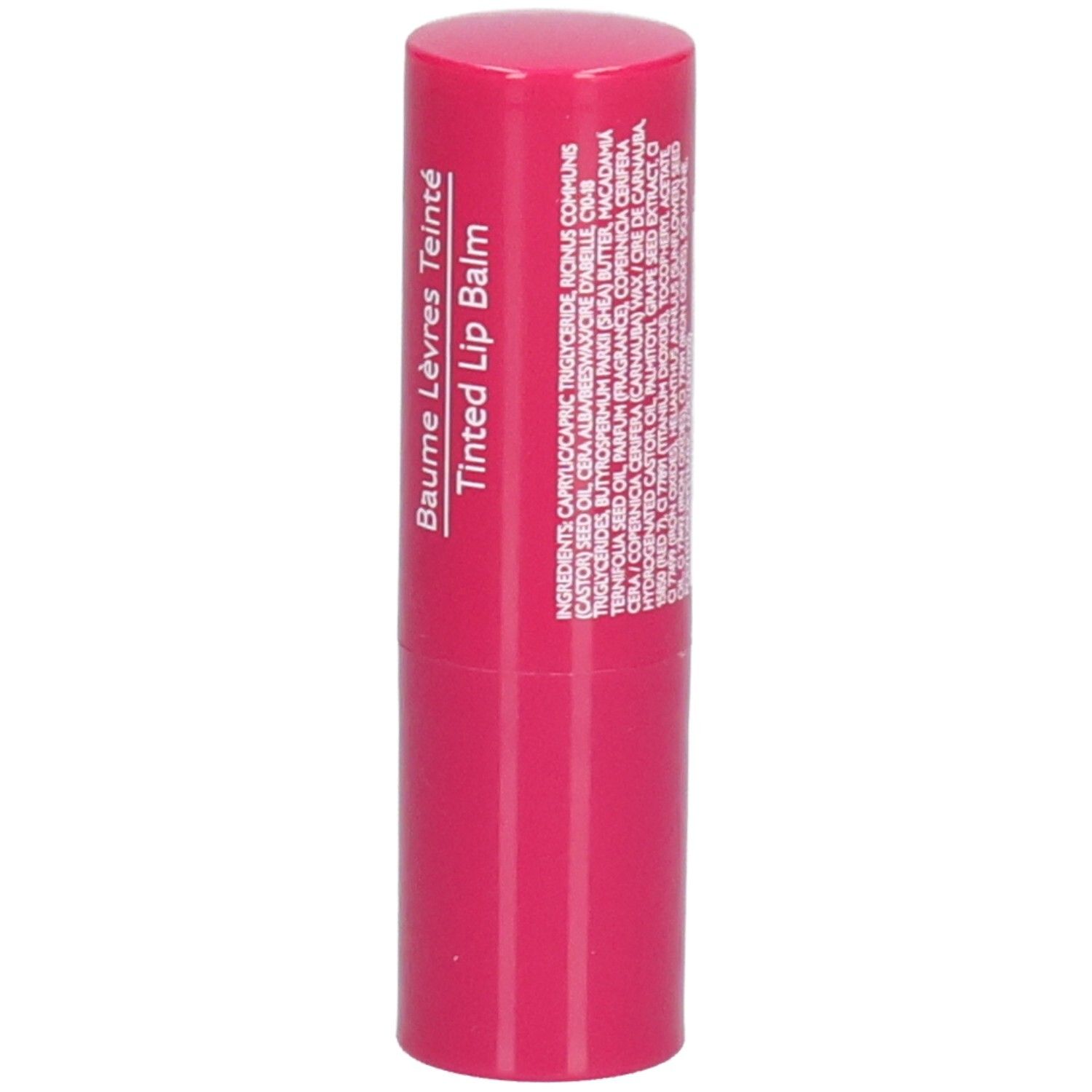 Pinkfarbener Lippenbalsam-Stift. Rückseite mit Inhaltsstoffen. Marke CAUDALIE.