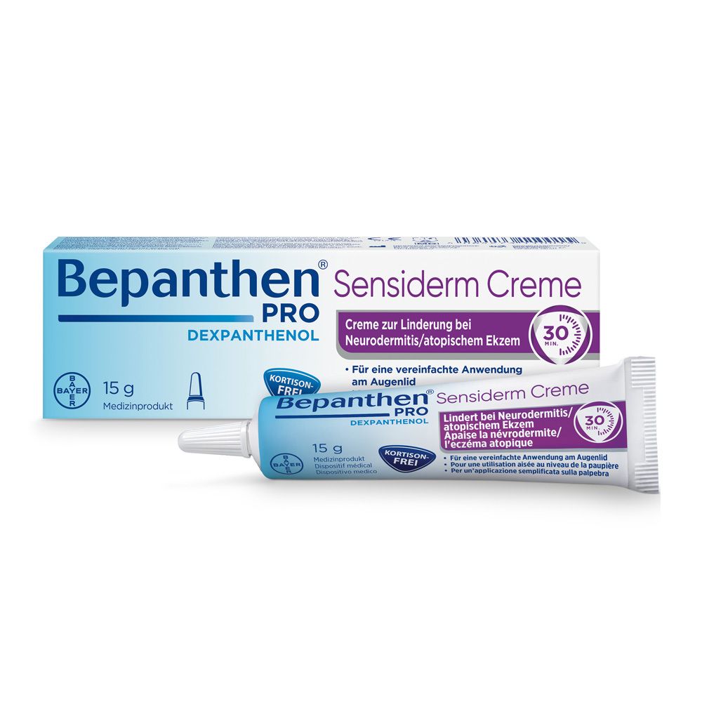 Tube und Schachtel Bepanthen® PRO Sensiderm Creme. 15 g. Kortisonfrei. Für Neurodermitis/atopisches Ekzem.