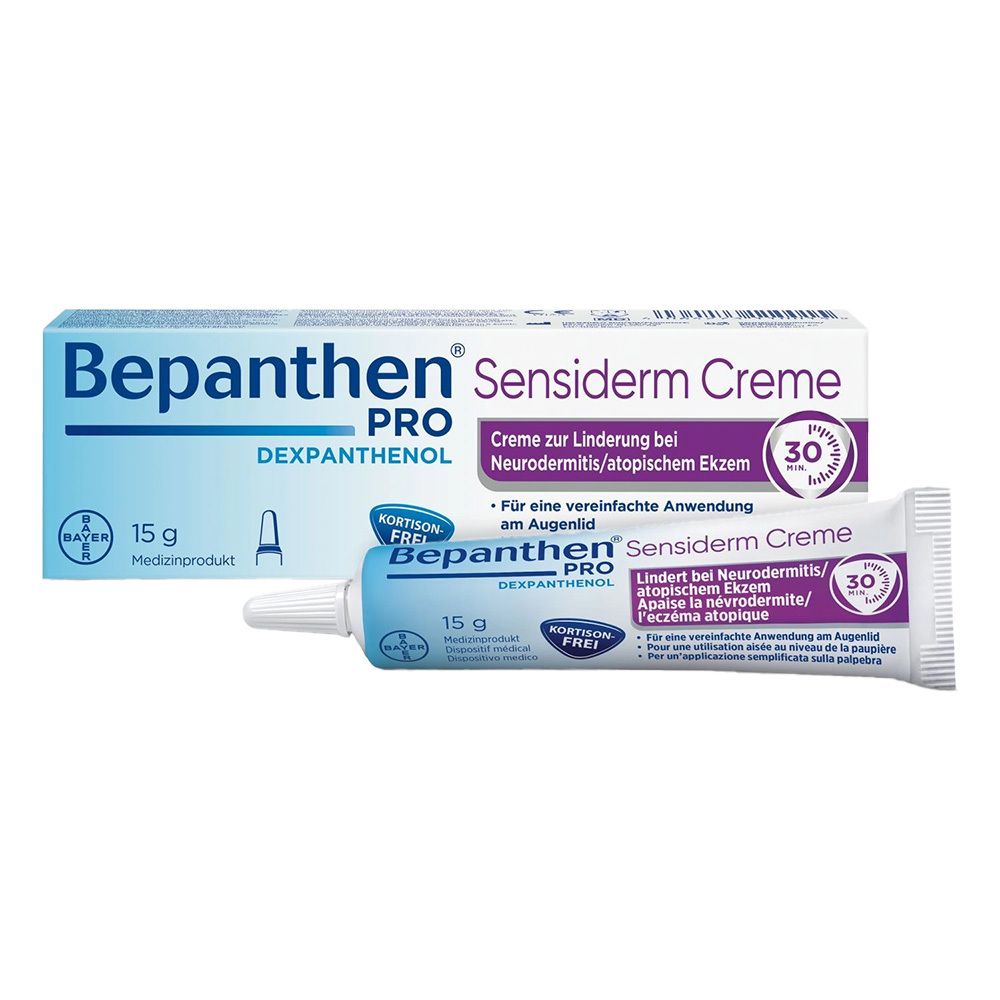 Boîte et tube de Bepanthen PRO Sensiderm Crème. Tube de 15 g. Inscription : Sans cortisone.