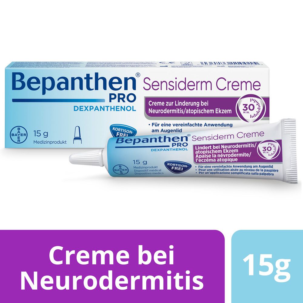 Schachtel Bepanthen® PRO Sensiderm Creme. 15 g. Für Neurodermitis/atopisches Ekzem. Kortisonfrei.