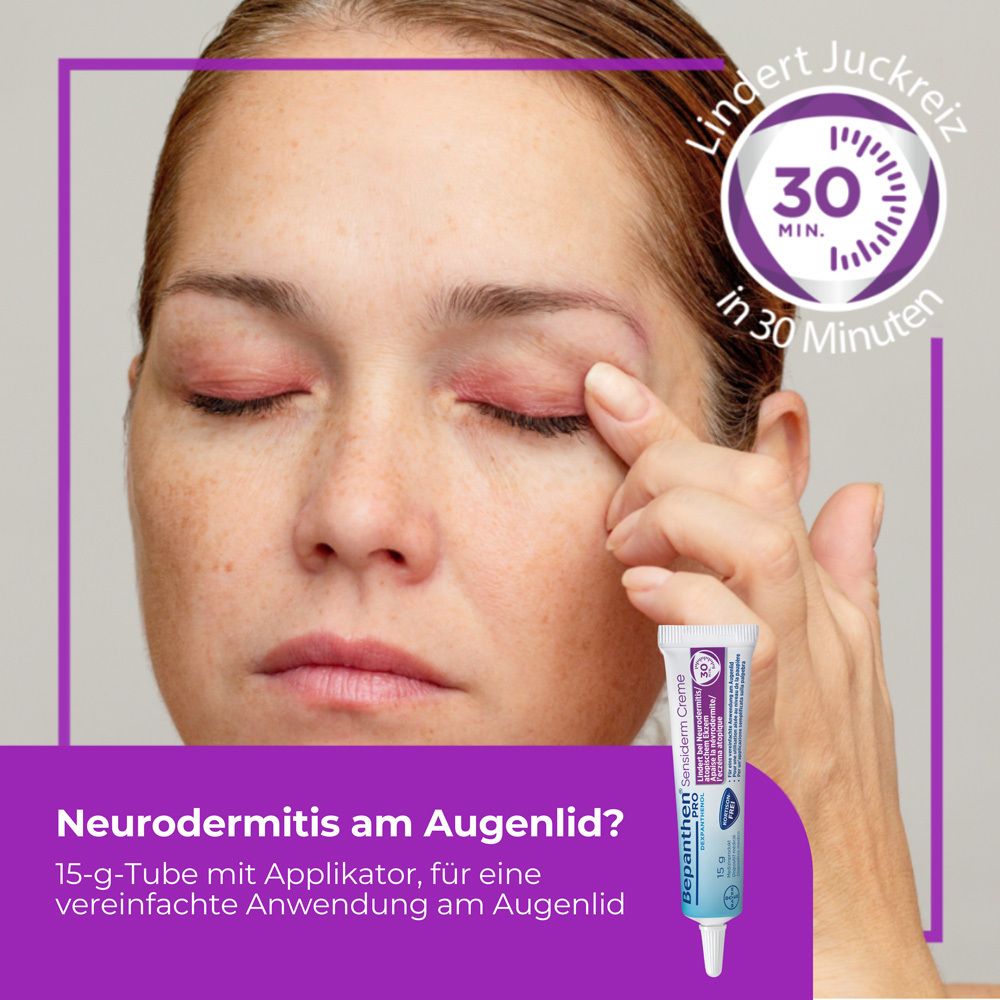 Femme appliquant de la crème sur la paupière. Bepanthen PRO Sensiderm Crème, tube de 15g. Soulage en 30 minutes.