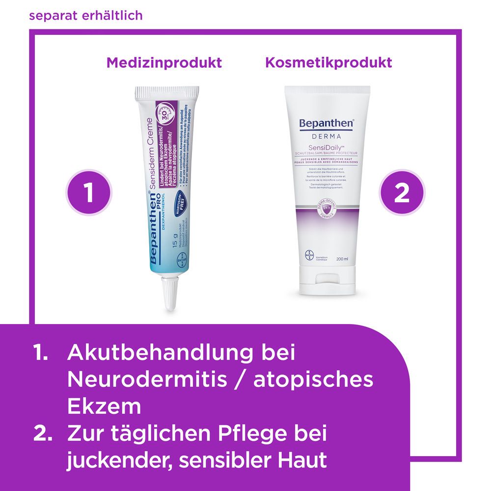 Schachtel Bepanthen® PRO Sensiderm Creme. 15 g. Für Neurodermitis/atopisches Ekzem. Kortisonfrei.