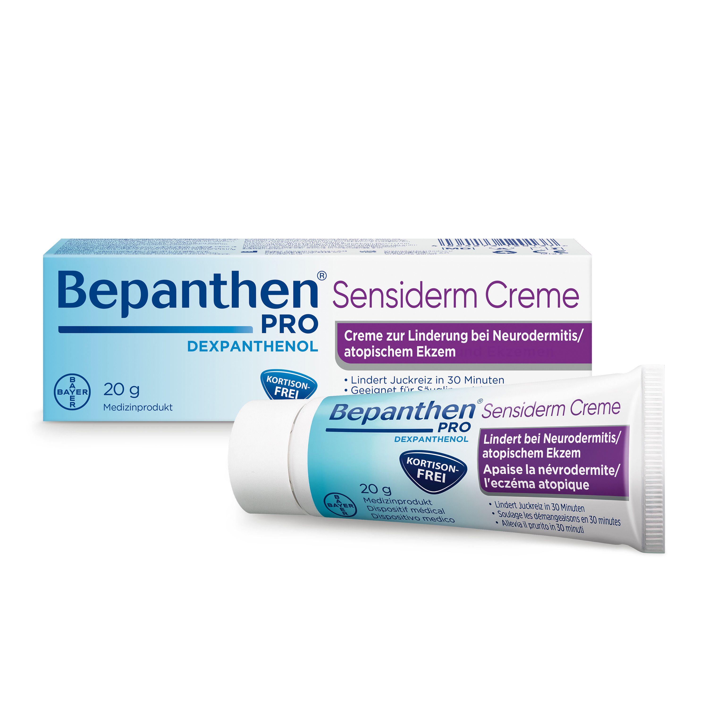 Creme-Tube und -Schachtel. Aufschrift: Bepanthen PRO Sensiderm Creme. 20g. Kortisonfrei.