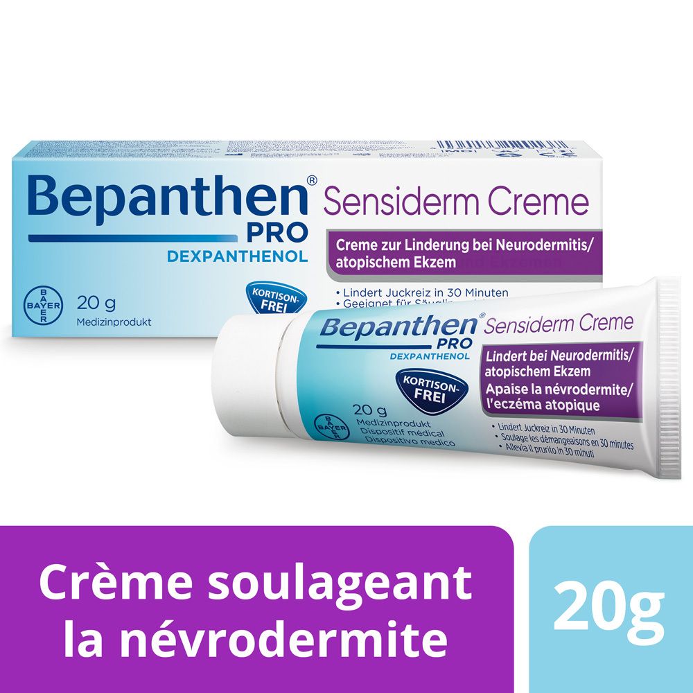 Tube et boîte de crème. Inscription : Bepanthen PRO Sensiderm Crème. 20g. Sans cortisone.
