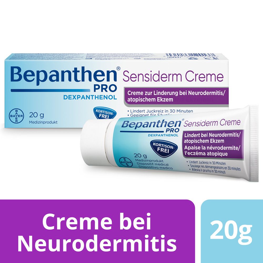 Bepanthen PRO Sensiderm Creme, Tube und Faltschachtel. 20g. Creme bei Neurodermitis.