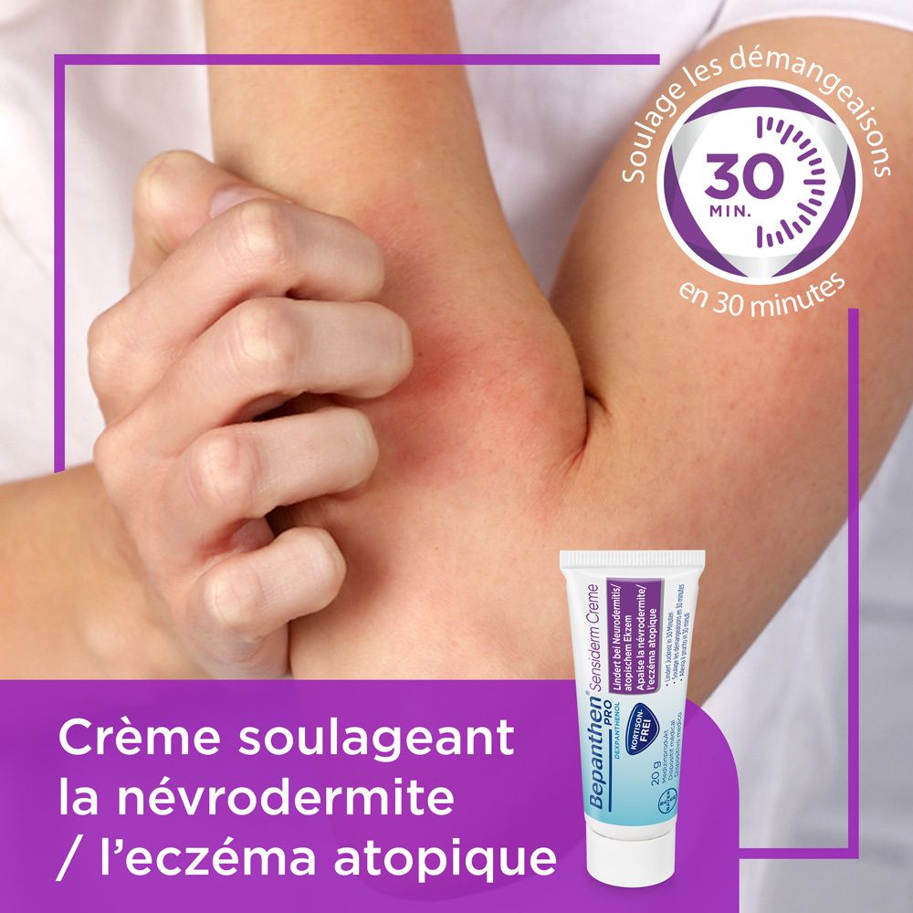 Tube et boîte de crème. Inscription : Bepanthen PRO Sensiderm Crème. 20g. Sans cortisone.