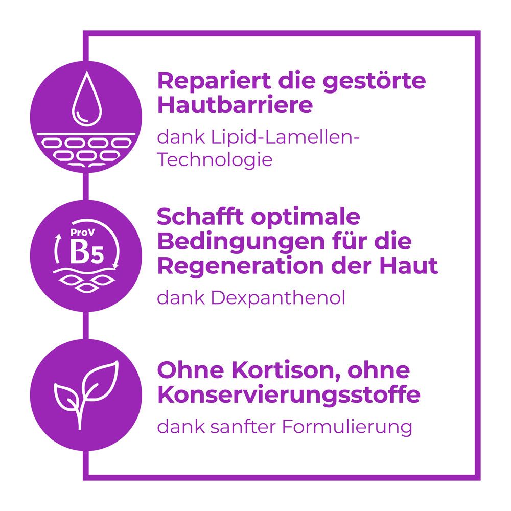 Infografik: Repariert Hautbarriere, schafft optimale Bedingungen, ohne Kortison. Bepanthen PRO.