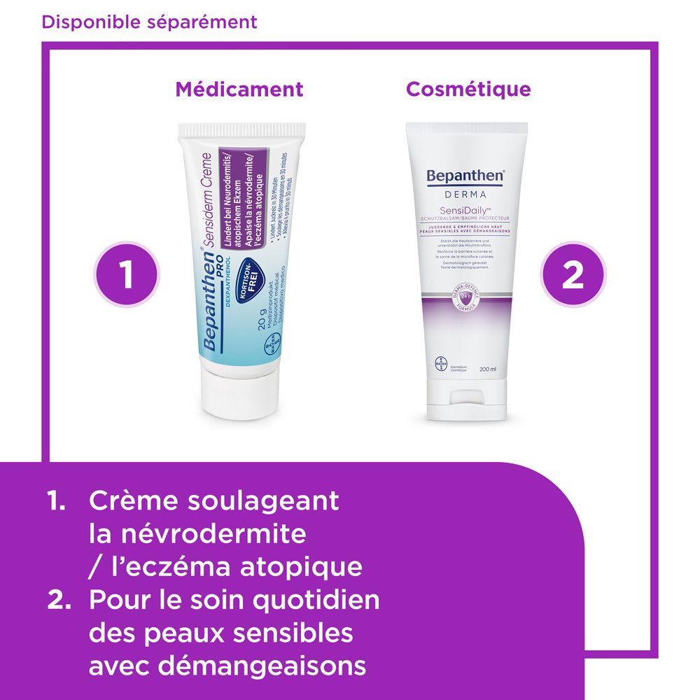 Tube et boîte de crème. Inscription : Bepanthen PRO Sensiderm Crème. 20g. Sans cortisone.