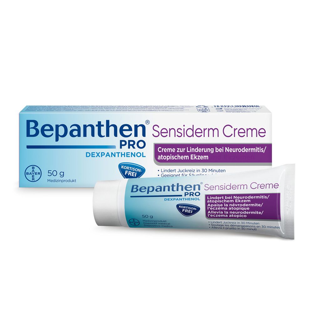 Bepanthen PRO Sensiderm Crème, tube et étui. Texte: Soulage les démangeaisons de la dermatite atopique. 50g.