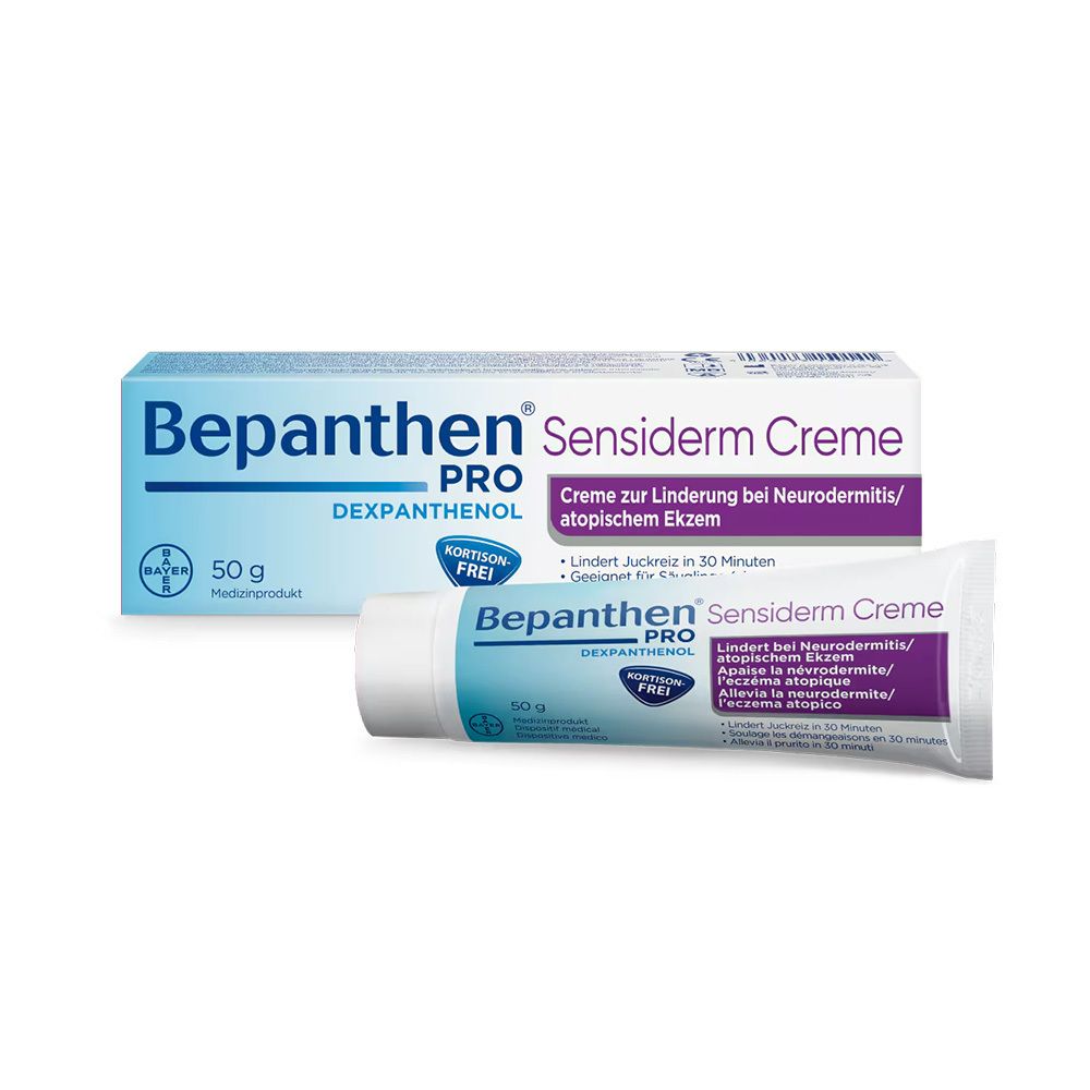 Tube et boîte de crème. Inscription : Bepanthen PRO Sensiderm Crème. 50g. Sans cortisone.