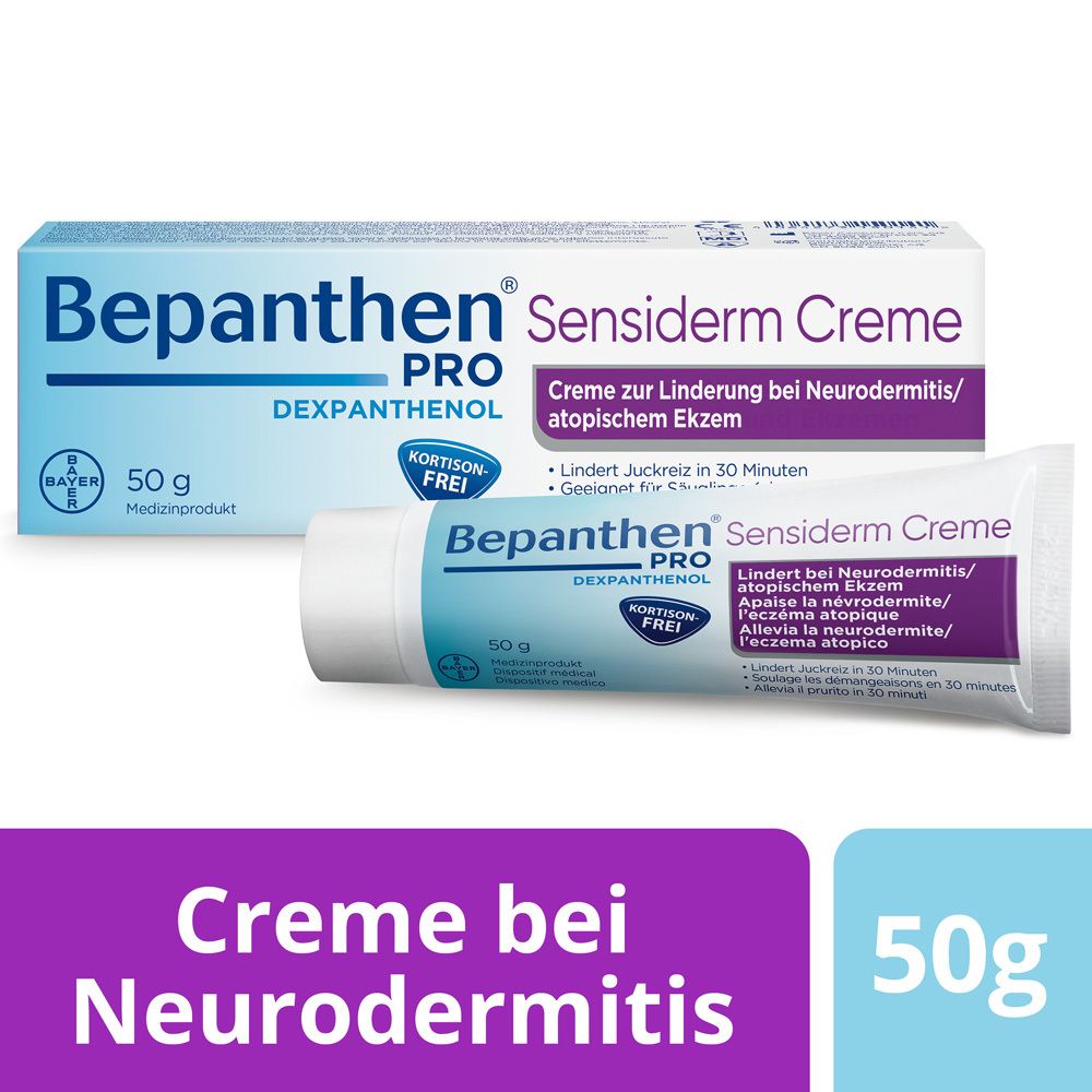 Bepanthen PRO Sensiderm Creme, Faltschachtel. Text: lindert Juckreiz bei Neurodermitis/atopischem Ekzem. Kortisonfrei.