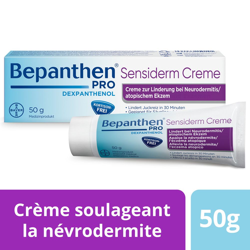 Bepanthen PRO Sensiderm Crème, étui. Texte: Crème pour apaiser la dermatite atopique. Sans cortisone.