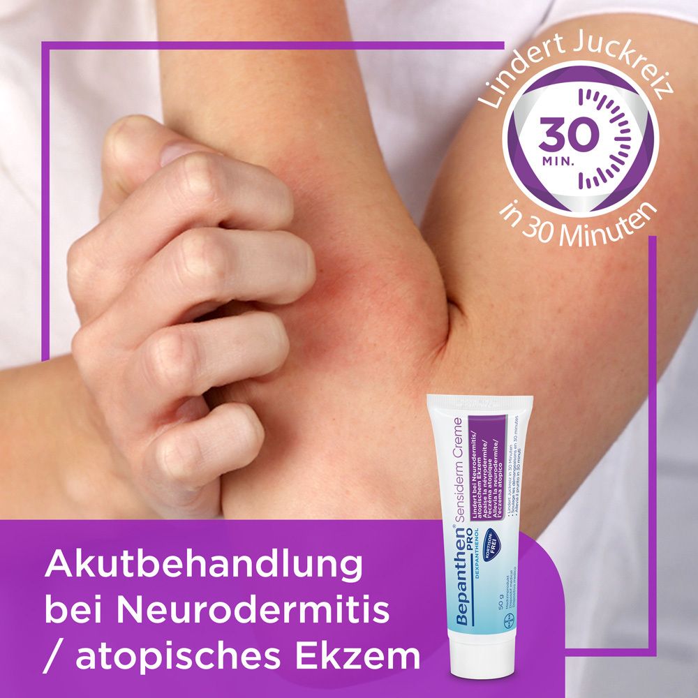 Bepanthen PRO Sensiderm Creme, Faltschachtel. Text: lindert Juckreiz in 30 Minuten. Geeignet für Säuglinge. Frei von Duftstoffen.