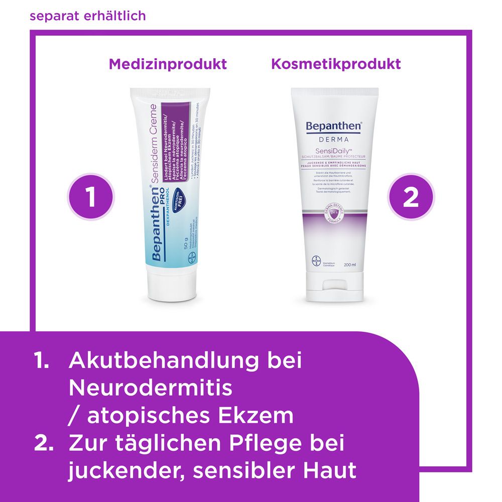 Bepanthen PRO Sensiderm Creme, Faltschachtel. Text: Creme zur Linderung bei Neurodermitis/atopischem Ekzem. 50g.