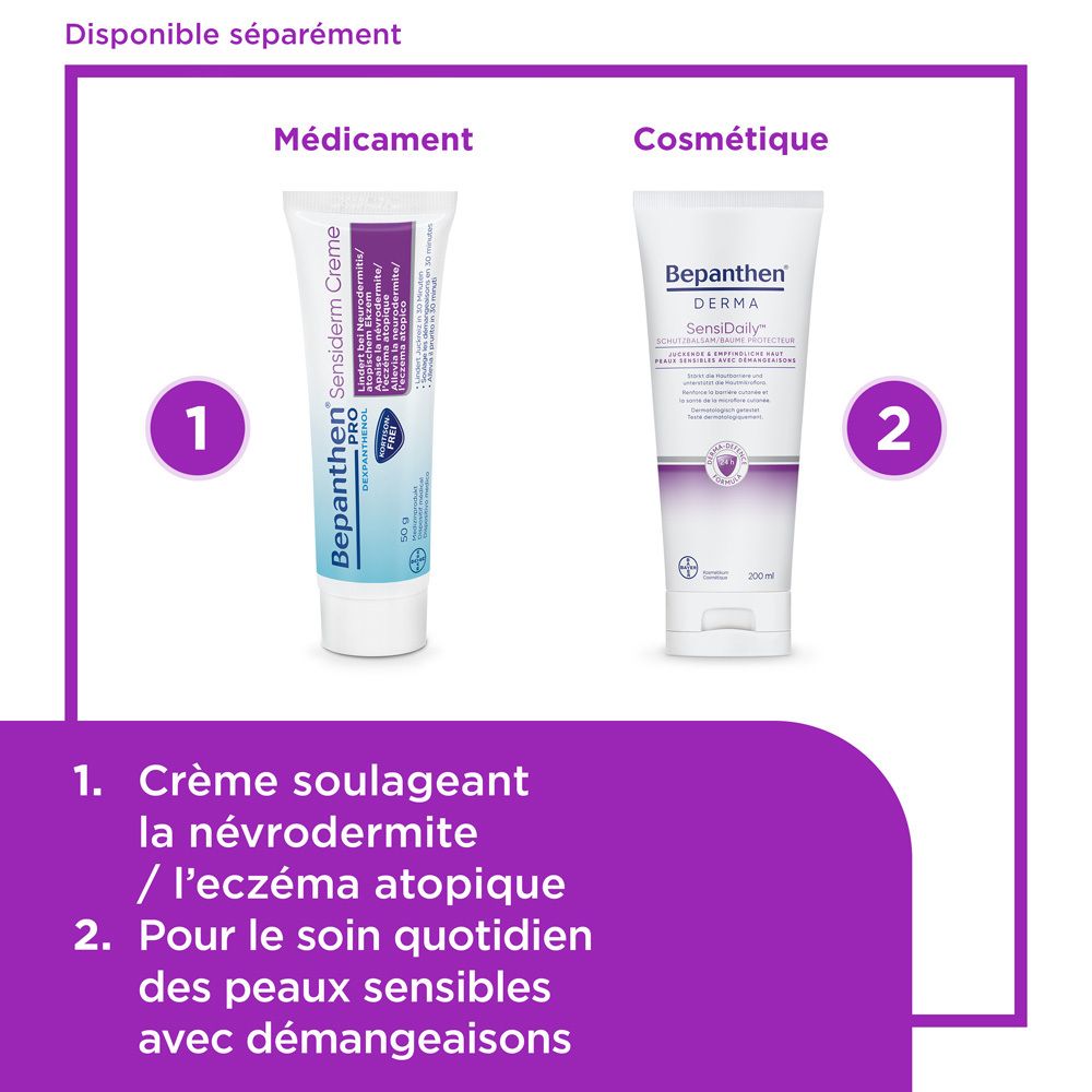 Bepanthen PRO Sensiderm Crème, étui. Texte: Crème pour soulager la dermatite atopique. 50g.