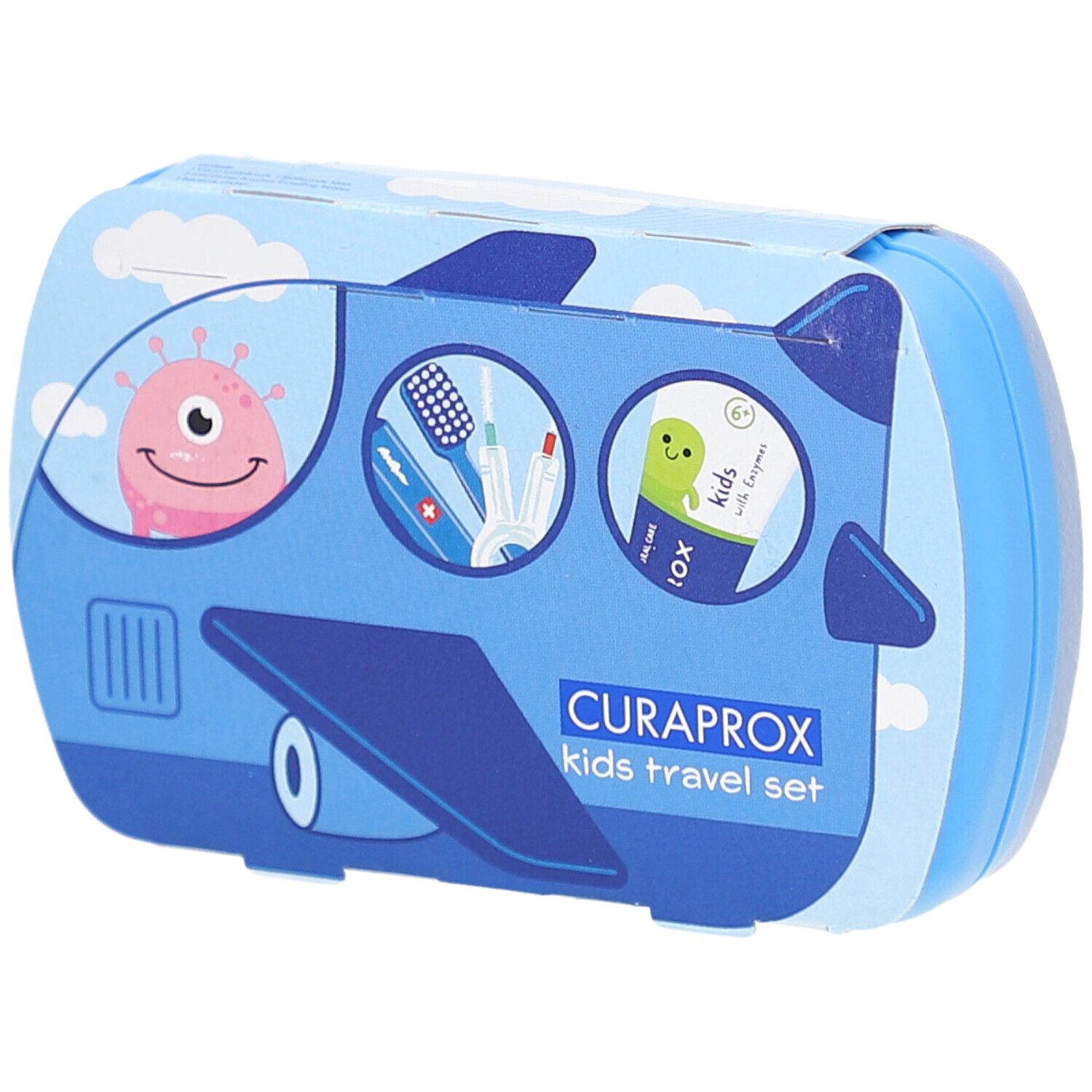 Trousse de voyage bleue pour enfants. Emballage en forme d'avion avec illustrations. Logo CURAPROX et nom du produit visibles.