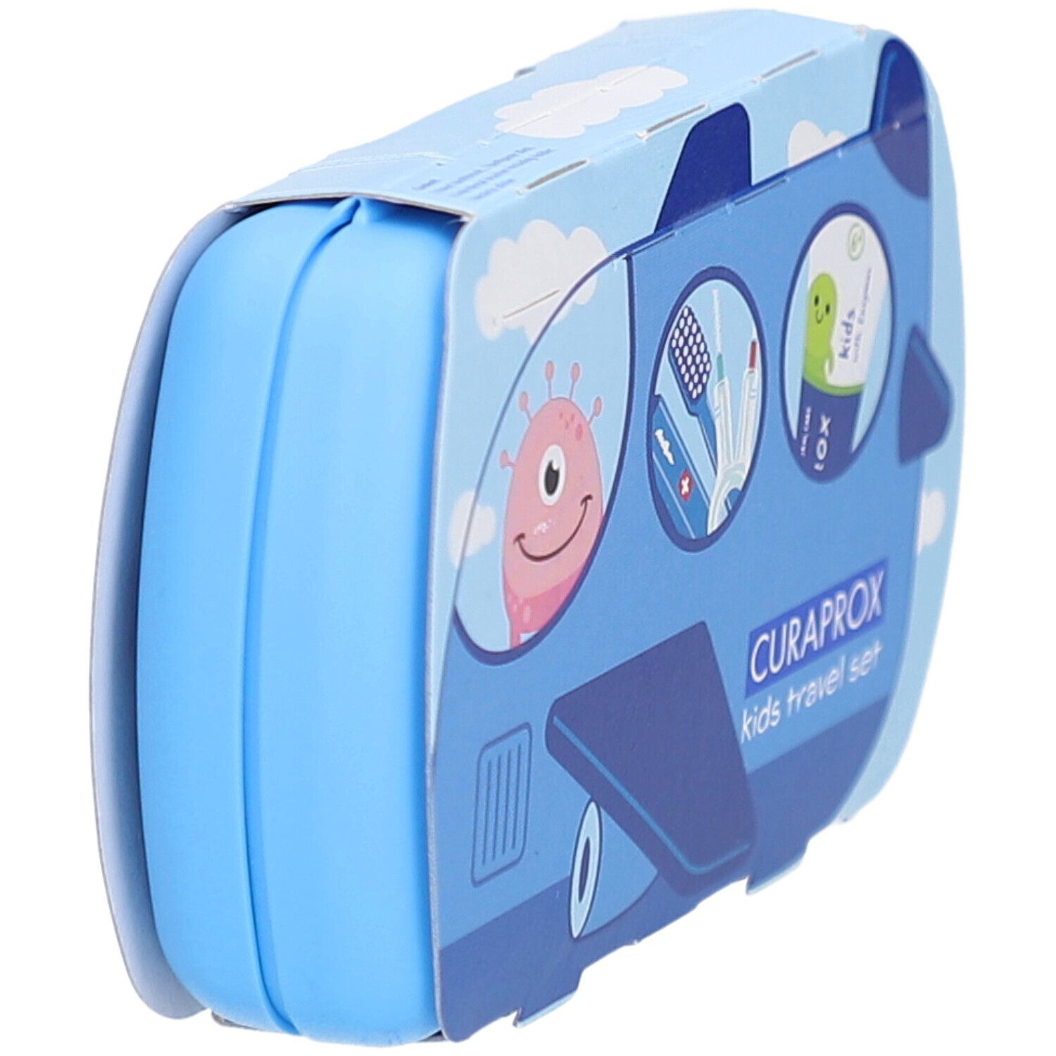 Trousse de voyage bleue pour enfants. Emballage en forme d'avion. Logo CURAPROX et nom du produit visibles. Vue latérale.