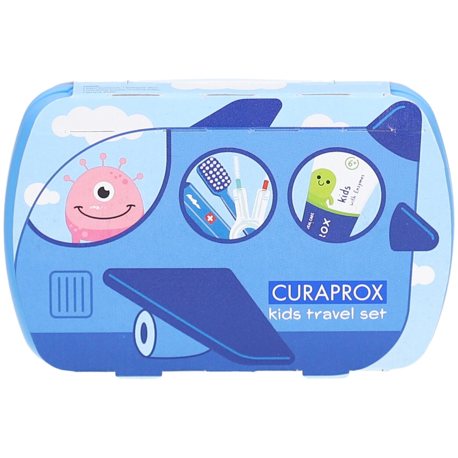 Trousse de voyage bleue pour enfants. Emballage en forme d'avion avec illustrations. Logo CURAPROX et nom du produit visibles.