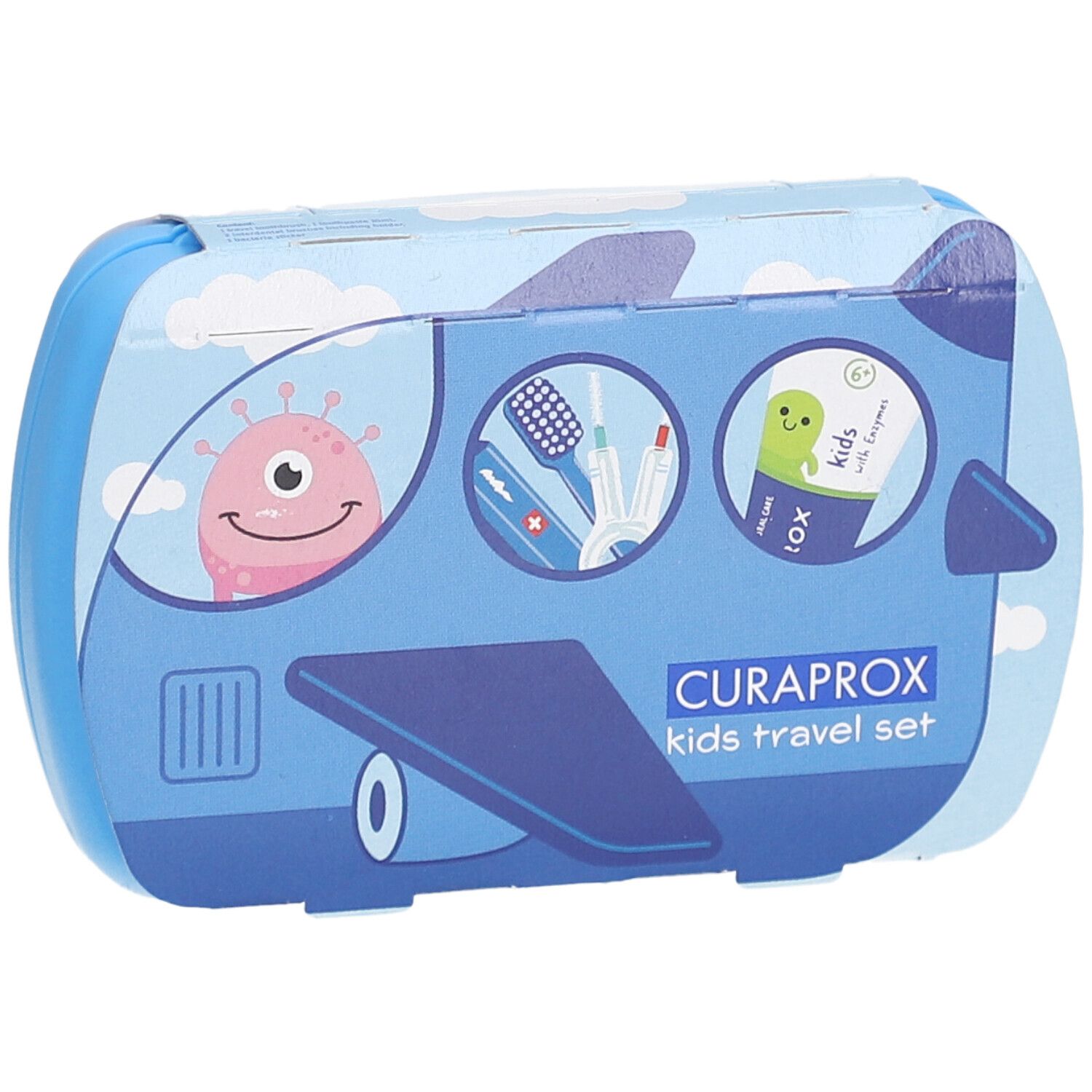 Trousse de voyage bleue pour enfants. Emballage en forme d'avion avec illustrations. Logo CURAPROX et nom du produit visibles.