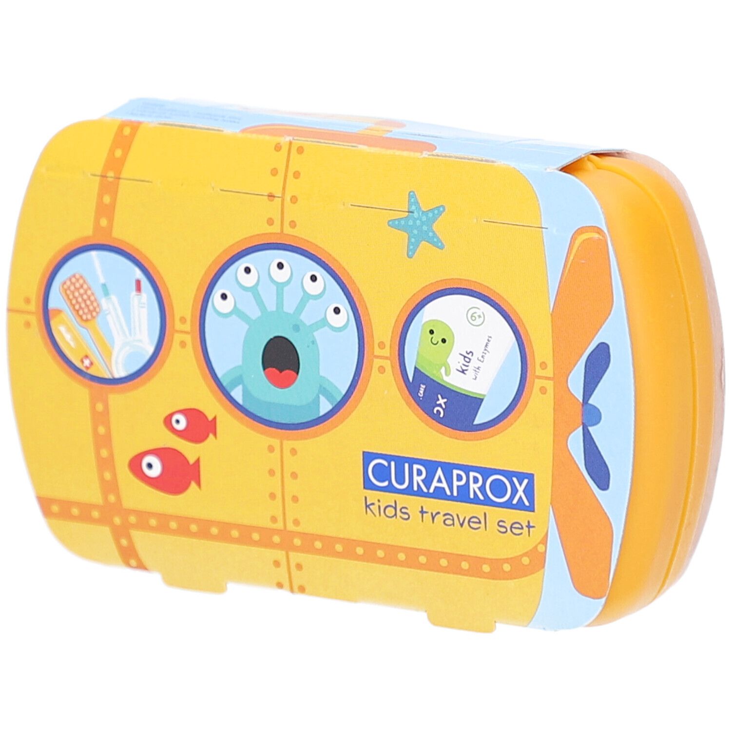 Emballage de trousse de voyage jaune avec motif de sous-marin. Logo CURAPROX et texte "kids travel set" visibles.