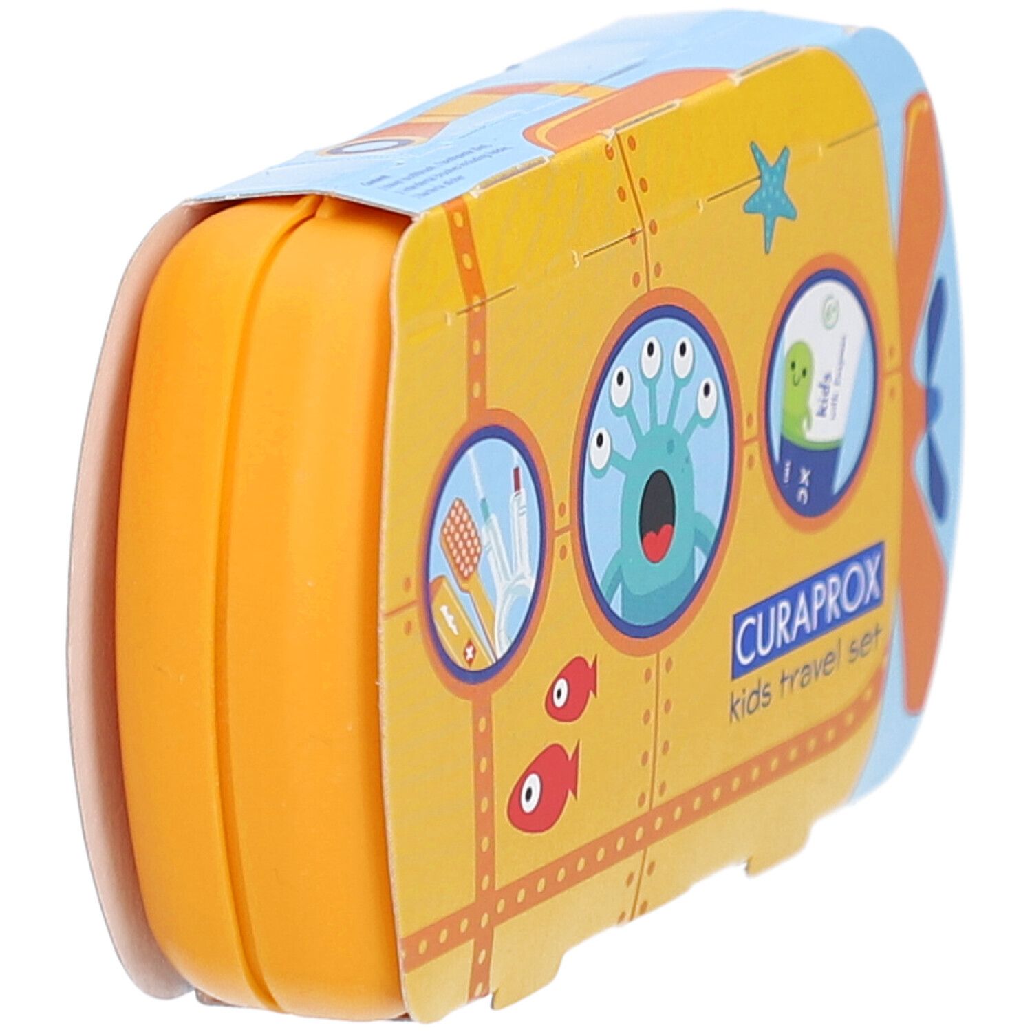Emballage de trousse de voyage ovale jaune avec motif de dessin animé. Logo CURAPROX et texte "kids travel set".
