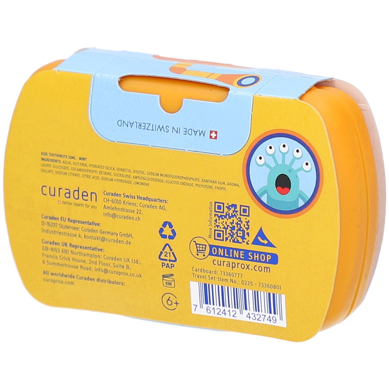 Dos de l'emballage de la trousse de voyage jaune. Texte, code QR, logo et informations CURAPROX.