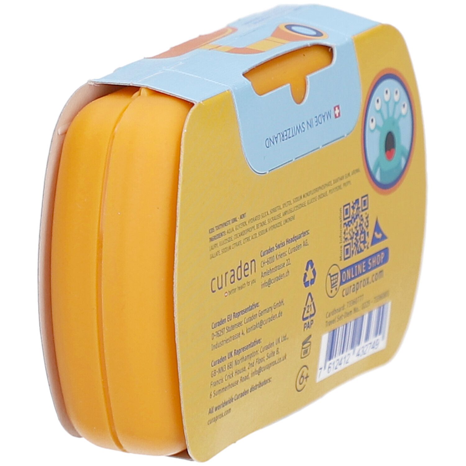 Vue arrière de l'emballage de la trousse de voyage jaune. Logo et texte CURAPROX, ainsi que des informations.