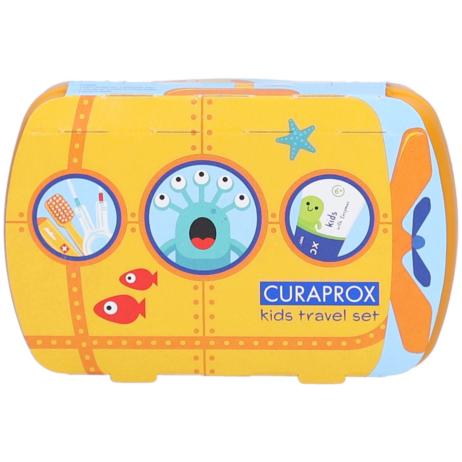 Emballage de trousse de voyage jaune avec motif de sous-marin. Logo CURAPROX et texte "kids travel set".