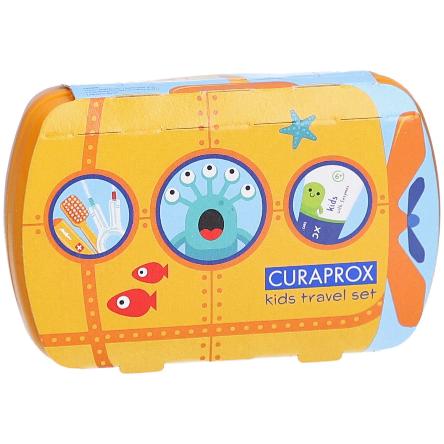 Emballage de trousse de voyage jaune avec motif de sous-marin. Logo CURAPROX et texte "kids travel set".