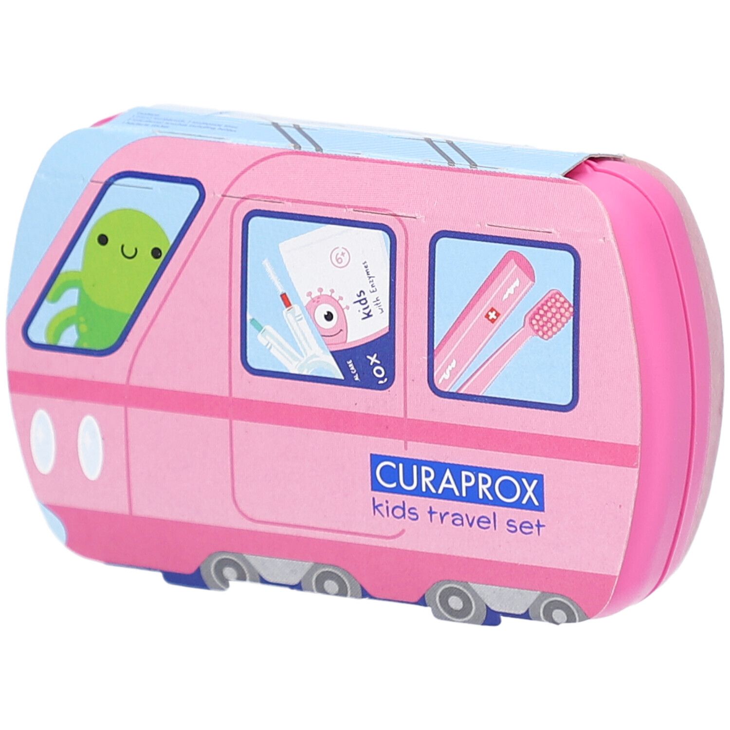 Trousse de voyage rose en forme de train. Contient brosse à dents, dentifrice et accessoires. CURAPROX Kids.