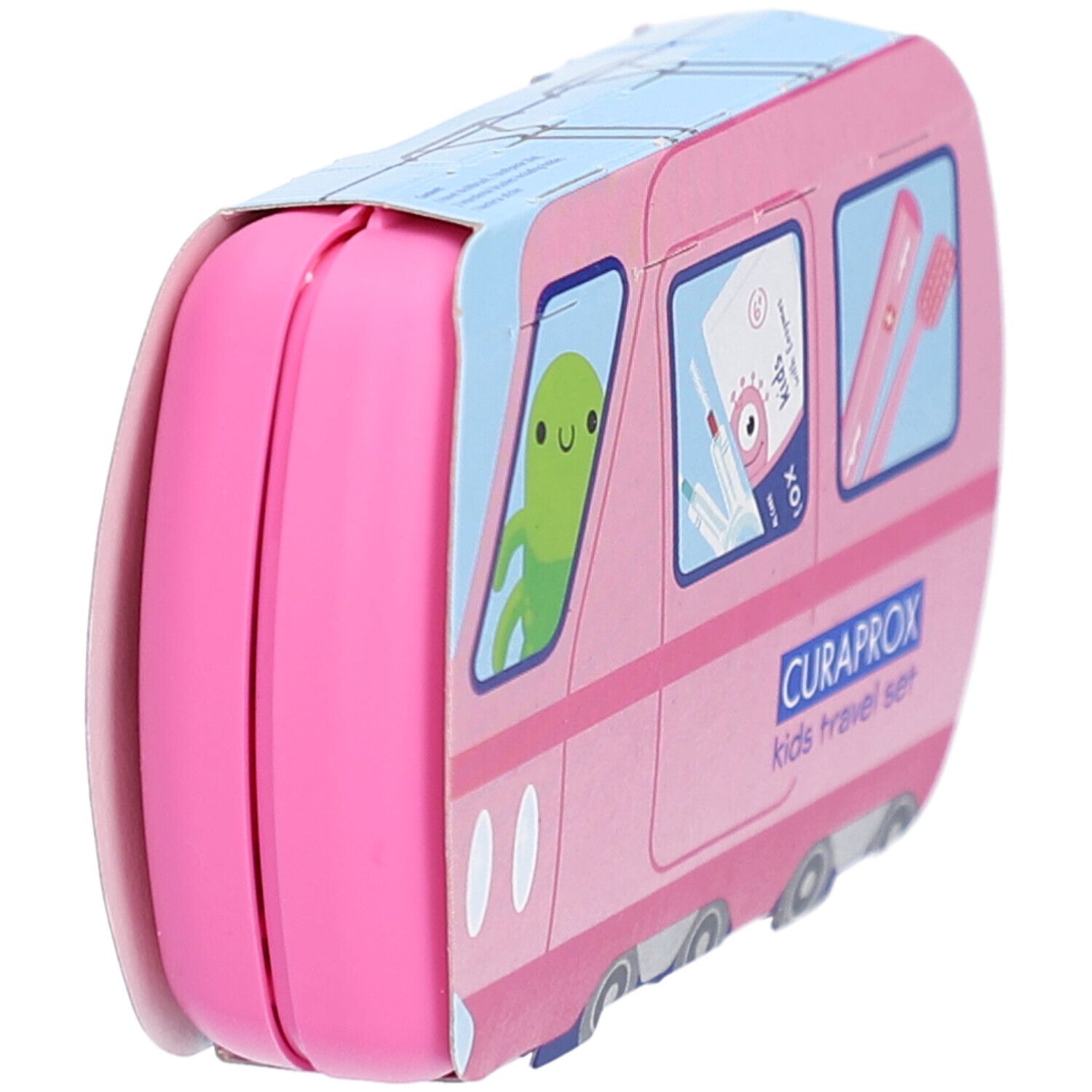 Trousse de voyage rose fermée en forme de train. Emballage avec design de train. CURAPROX Kids Travel Set.