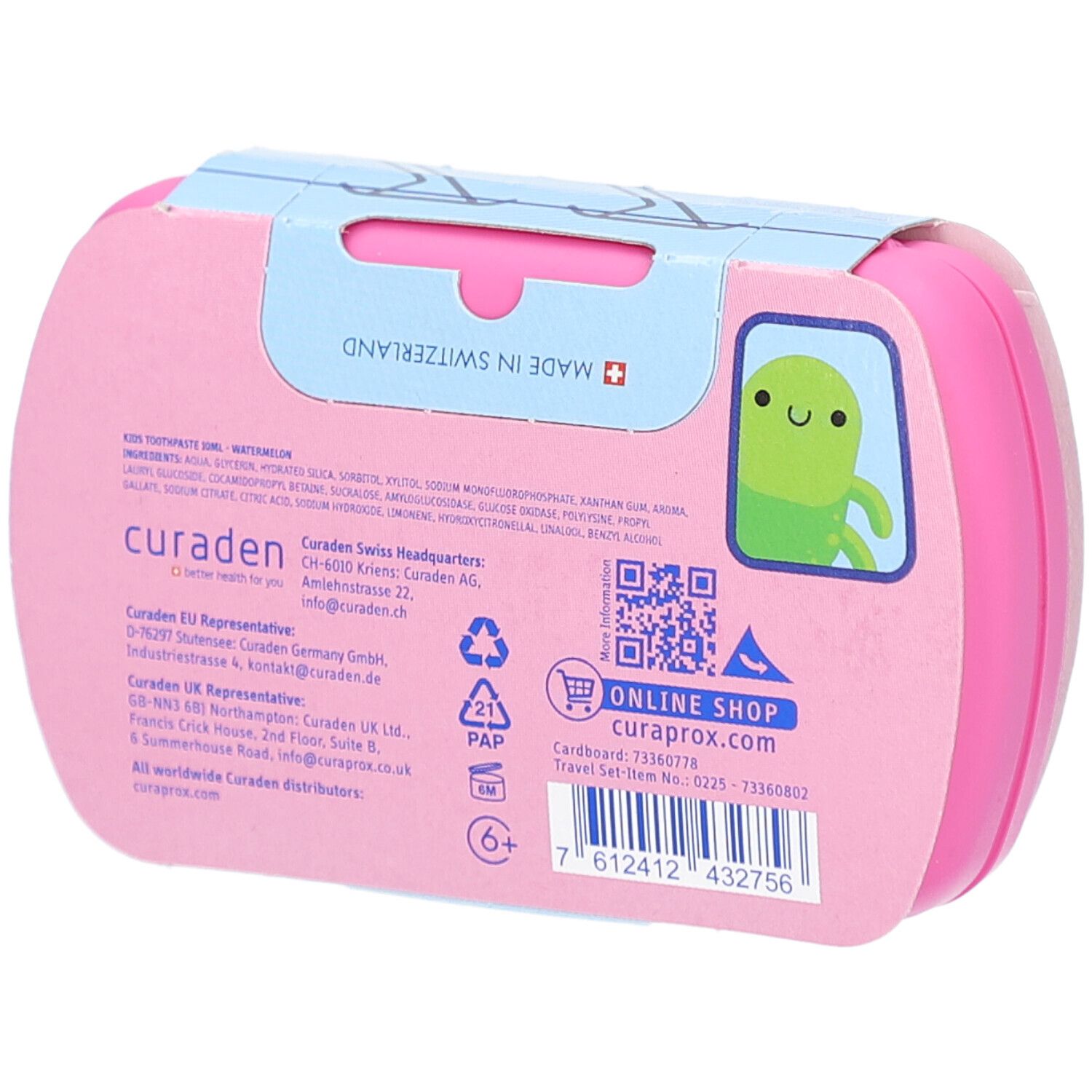 Dos de la trousse de voyage rose. Contient des informations et un code QR. CURAPROX Kids Travel Set.