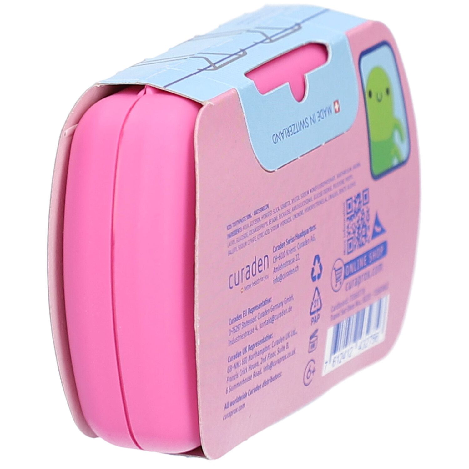 Trousse de voyage rose fermée. Dos avec informations et code QR. CURAPROX Kids Travel Set.