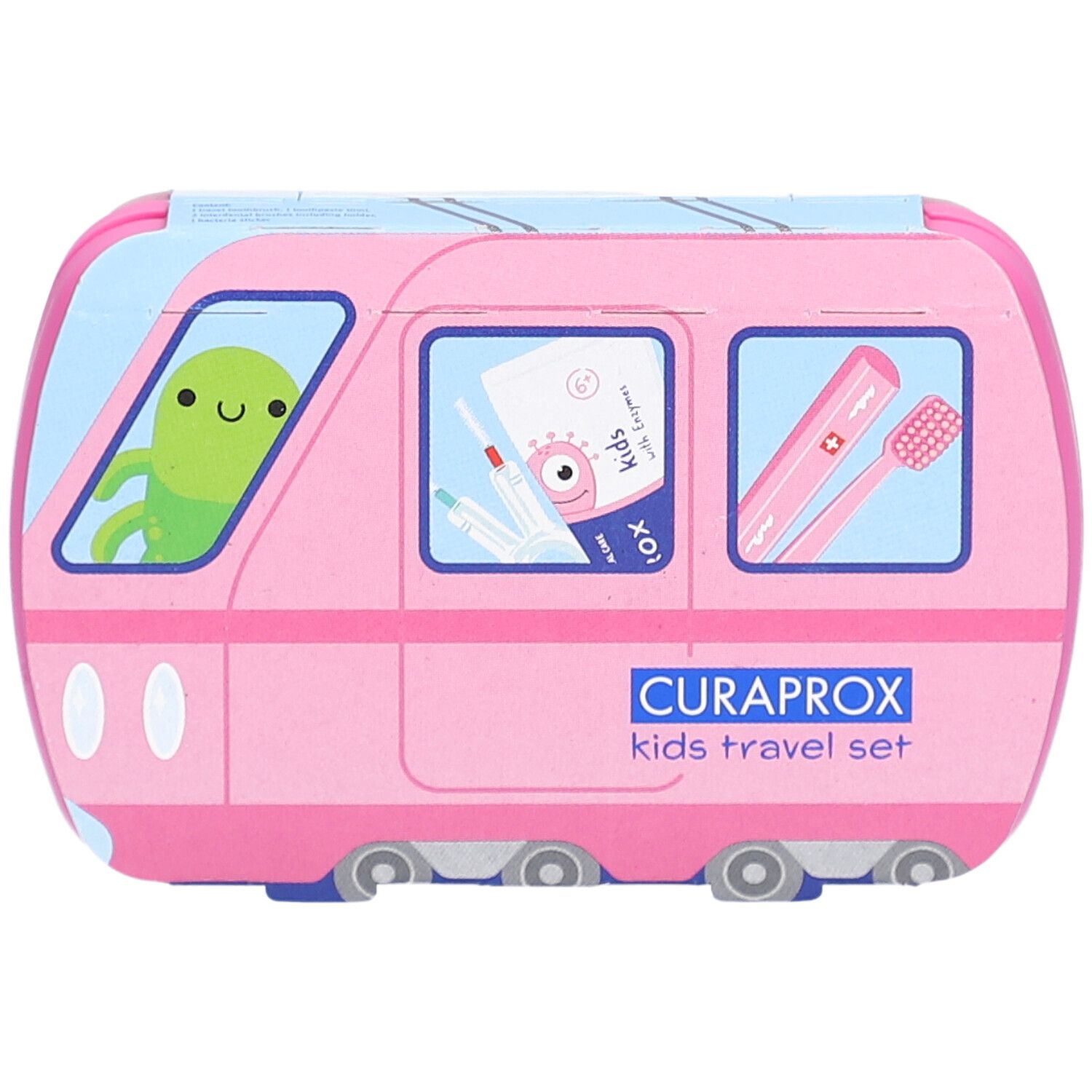 Trousse de voyage rose en forme de train. Contient brosse à dents, dentifrice et accessoires. CURAPROX Kids.