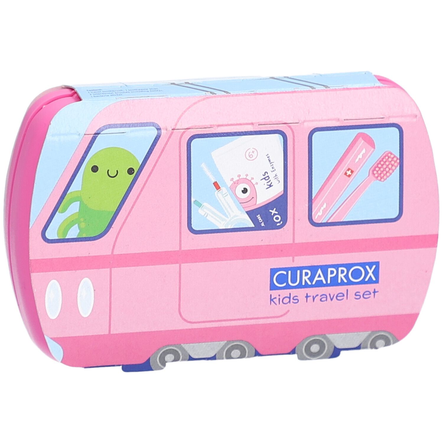 Trousse de voyage rose en forme de train. Contient brosse à dents, dentifrice et accessoires. CURAPROX Kids.