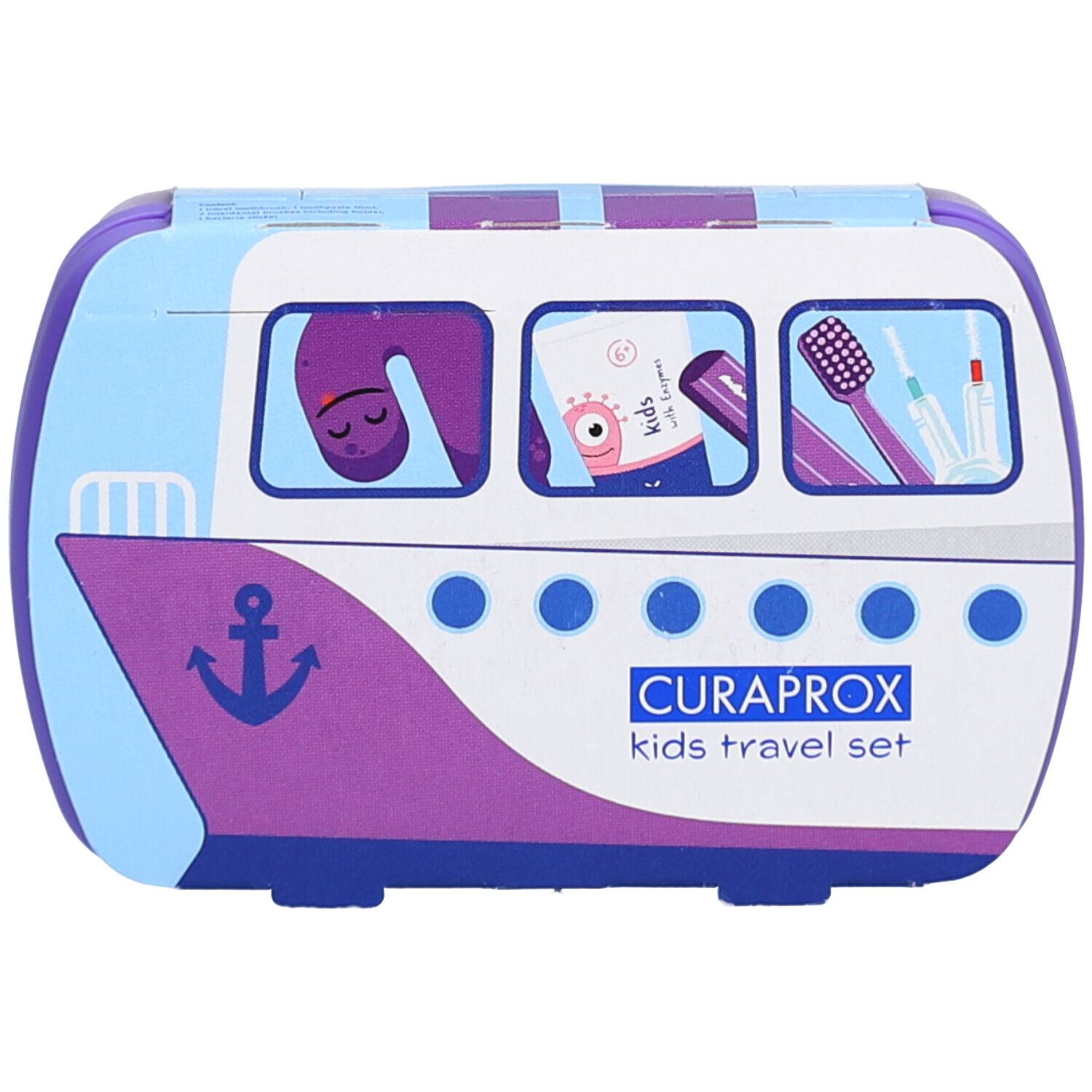 Violette Reise-Set-Box mit Schiff-Design. Enthält Zahnbürsten und Zubehör. CURAPROX Kids Travel Set.