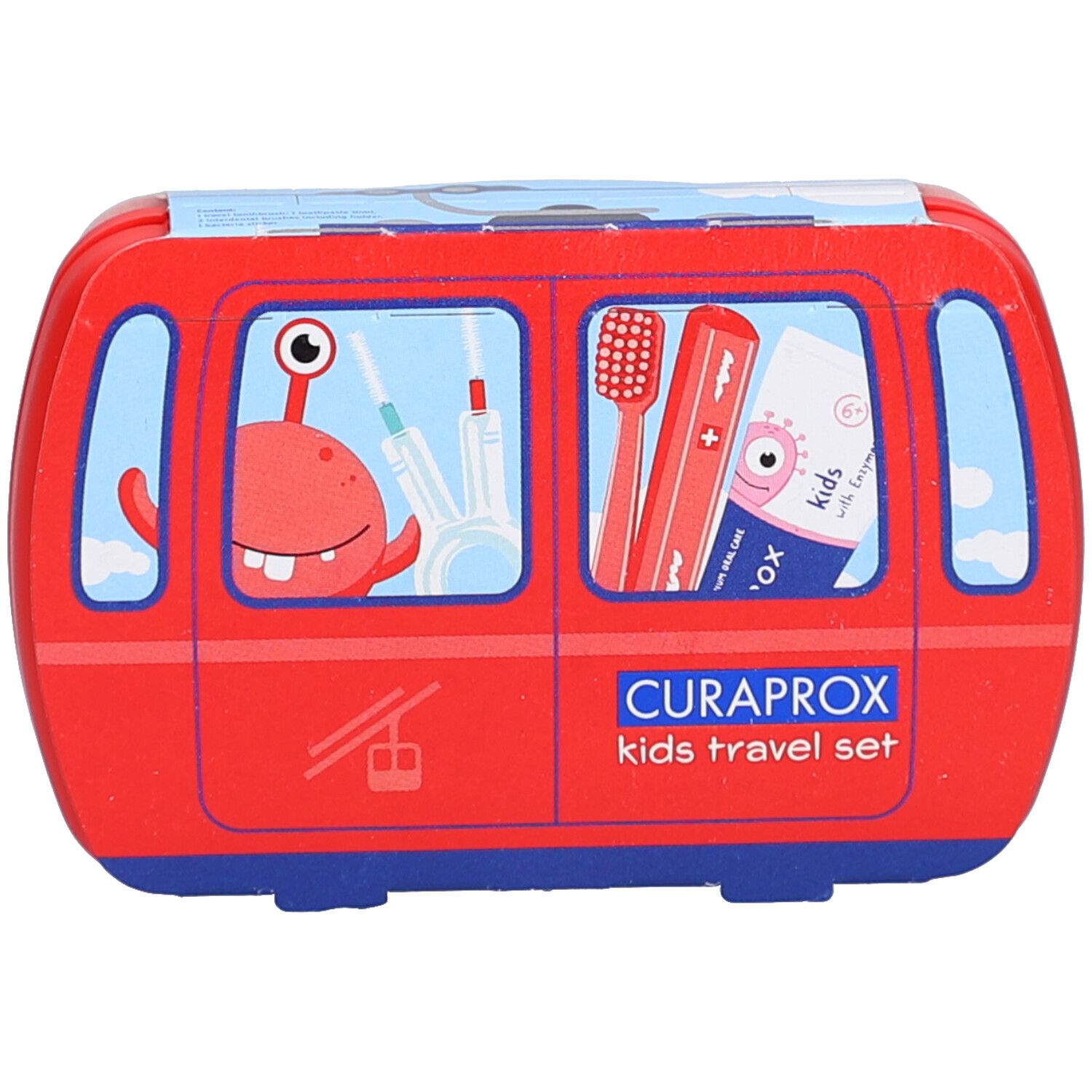 Boîte de voyage rouge avec design de fenêtre. Contient des brosses à dents, du dentifrice et un motif de monstre. CURAPROX Kids.