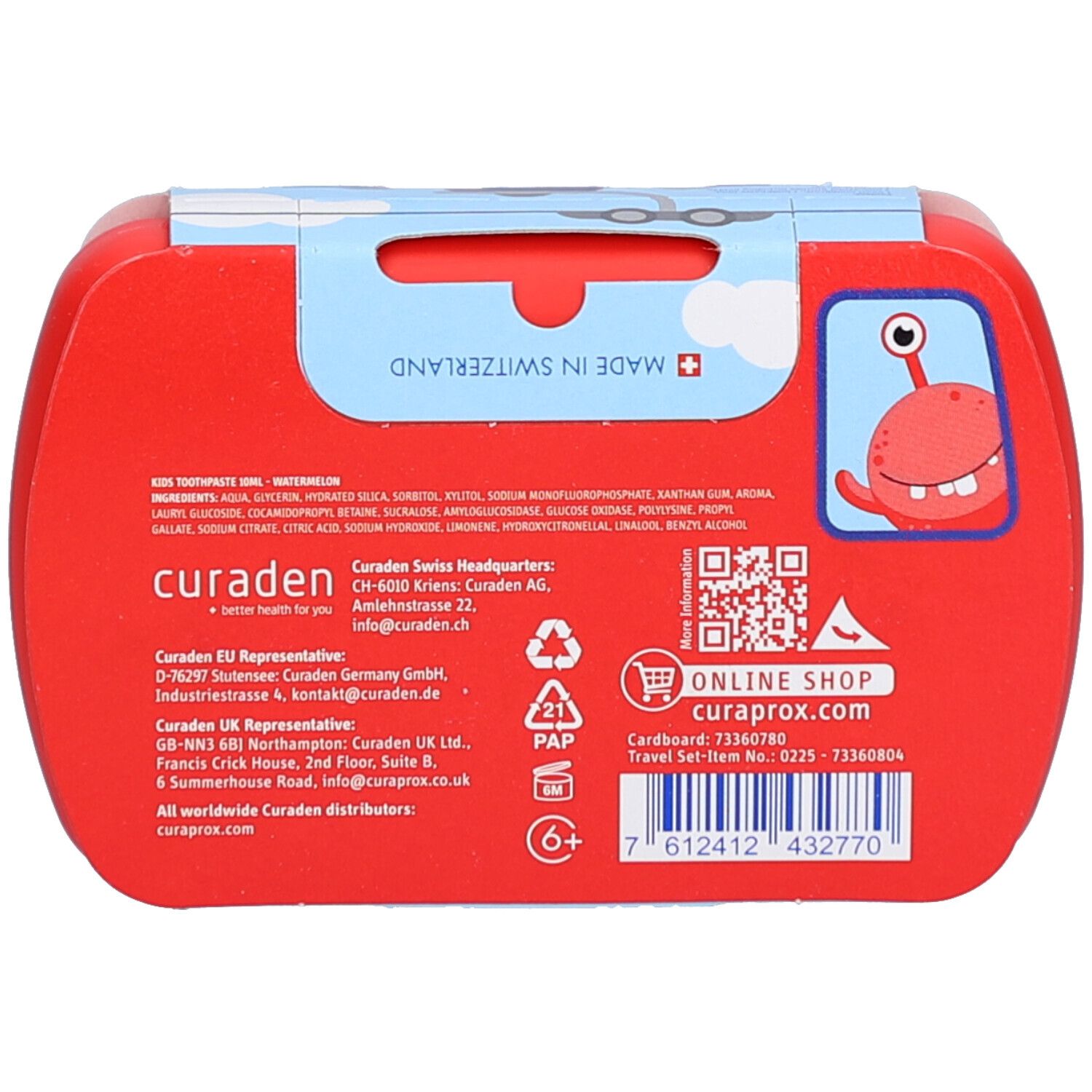 Boîte rouge, dos avec texte et illustration de monstre. Contient des informations sur les ingrédients, le fabricant et la boutique en ligne.